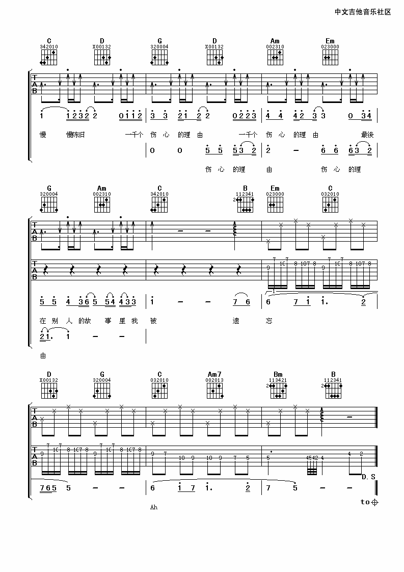 张学友 一千个伤心的理由吉他谱-C大调音乐网