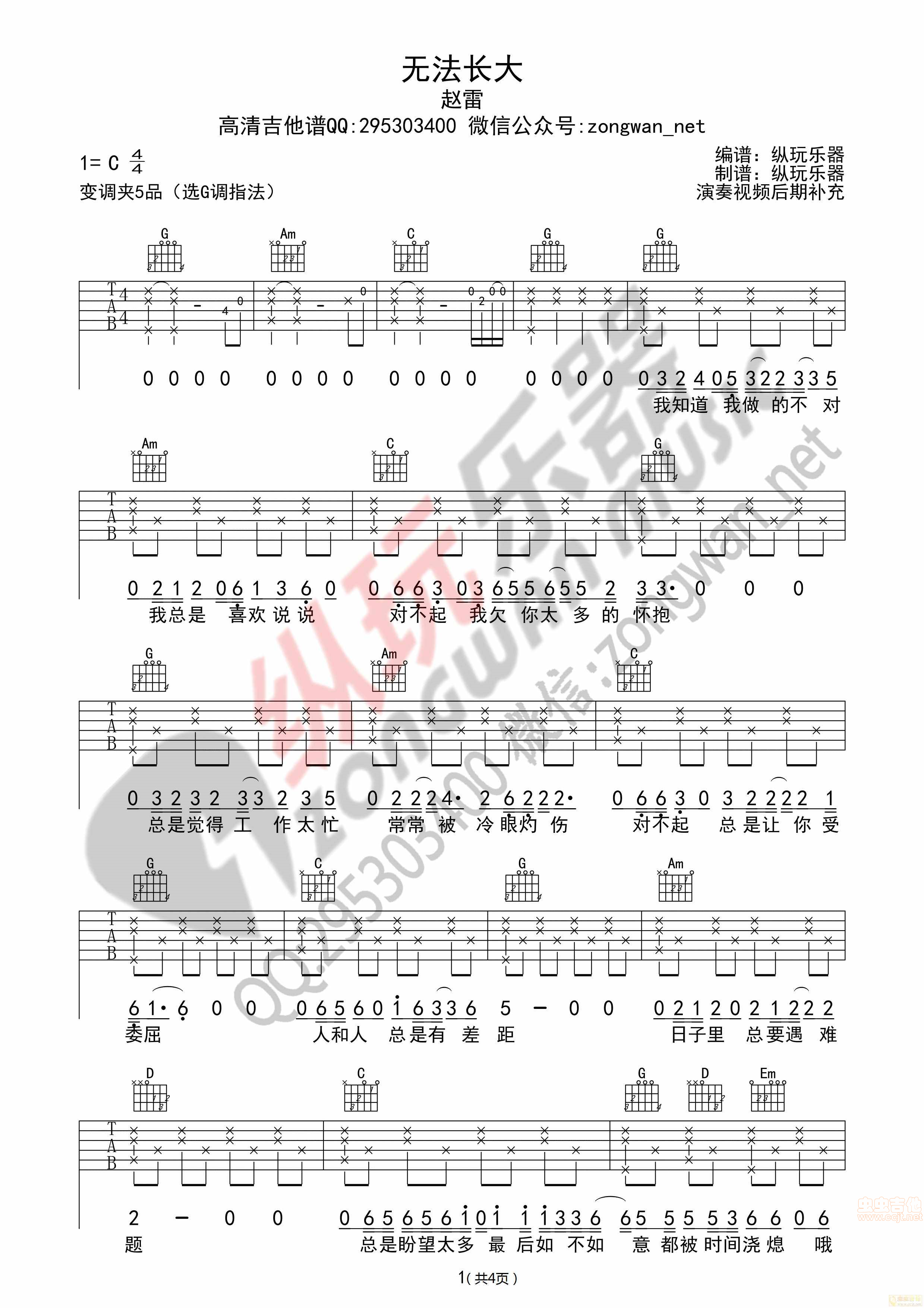 《《无法长大》赵雷（纵玩乐器版吉他谱）》吉他谱-C大调音乐网