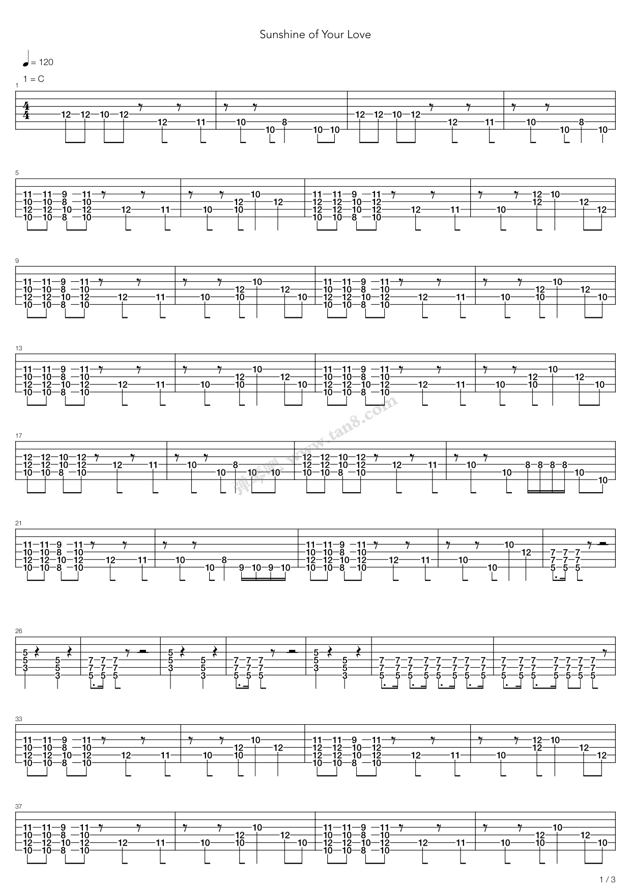《Sunshine Of Your Love》吉他谱-C大调音乐网