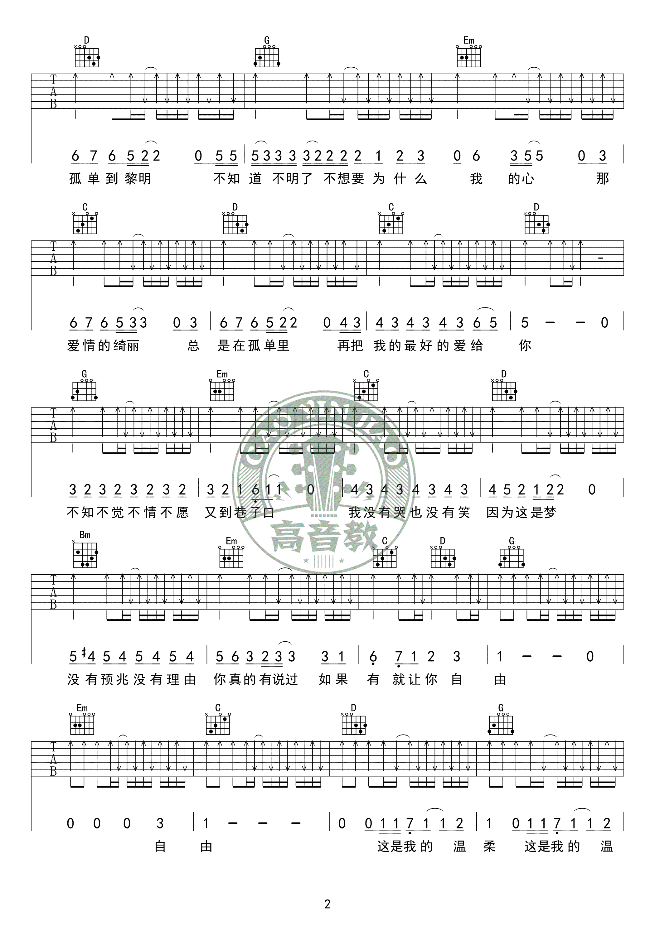 五月天《温柔》吉他谱_G调标准版_吉他弹唱教学-C大调音乐网