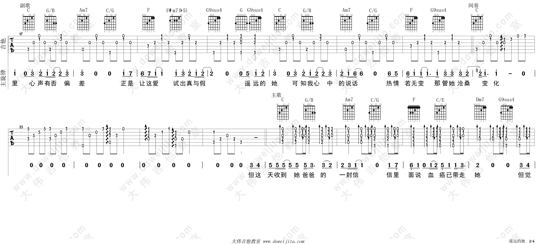 《陈奕迅《遥远的她》吉他谱_弹唱视频教学》吉他谱-C大调音乐网