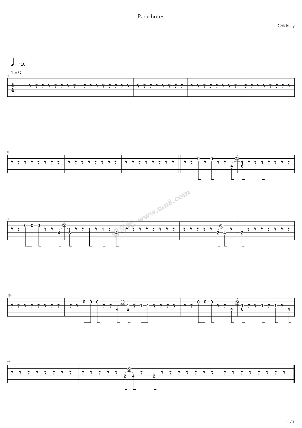 《Parachutes》吉他谱-C大调音乐网