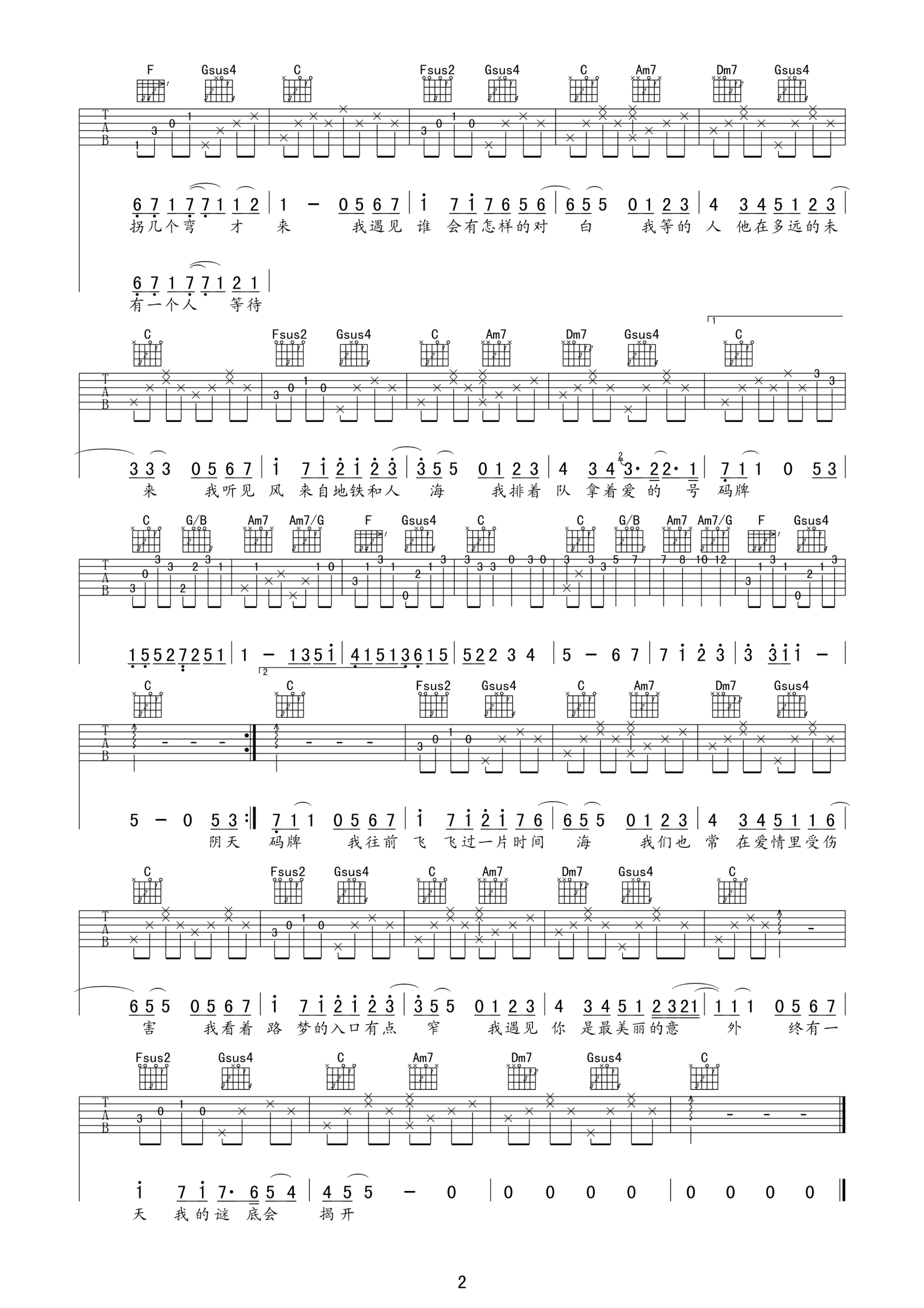《孙燕姿《遇见》吉他谱 G调高清版》吉他谱-C大调音乐网