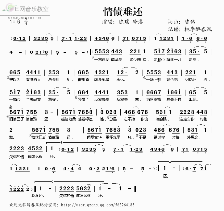 《情债难还——陈瑞 冷漠（简谱）》吉他谱-C大调音乐网