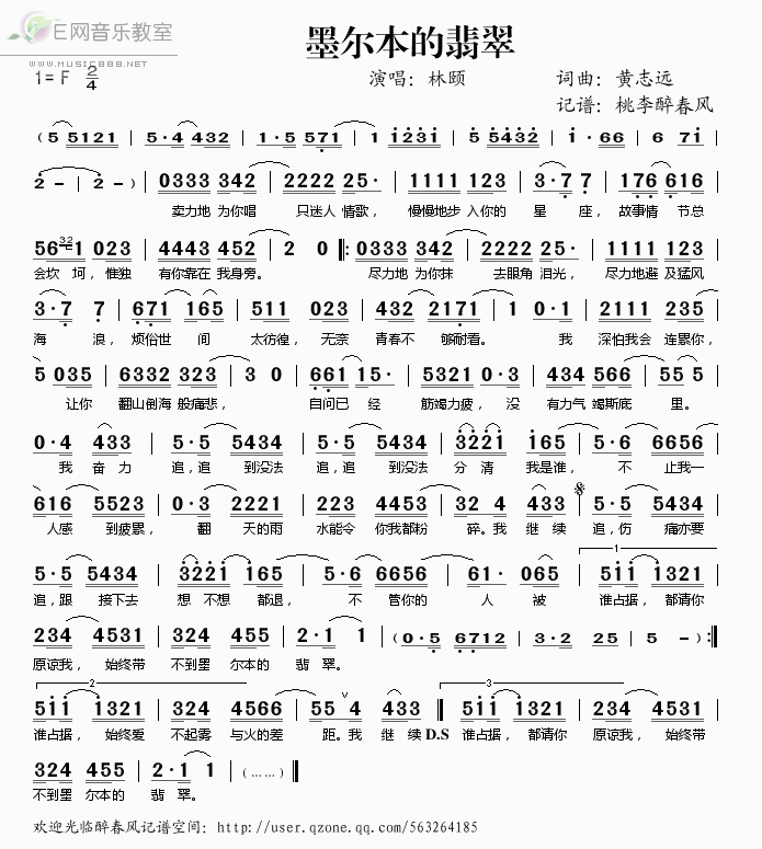 《墨尔本的翡翠（粤语）——林颐（简谱）》吉他谱-C大调音乐网