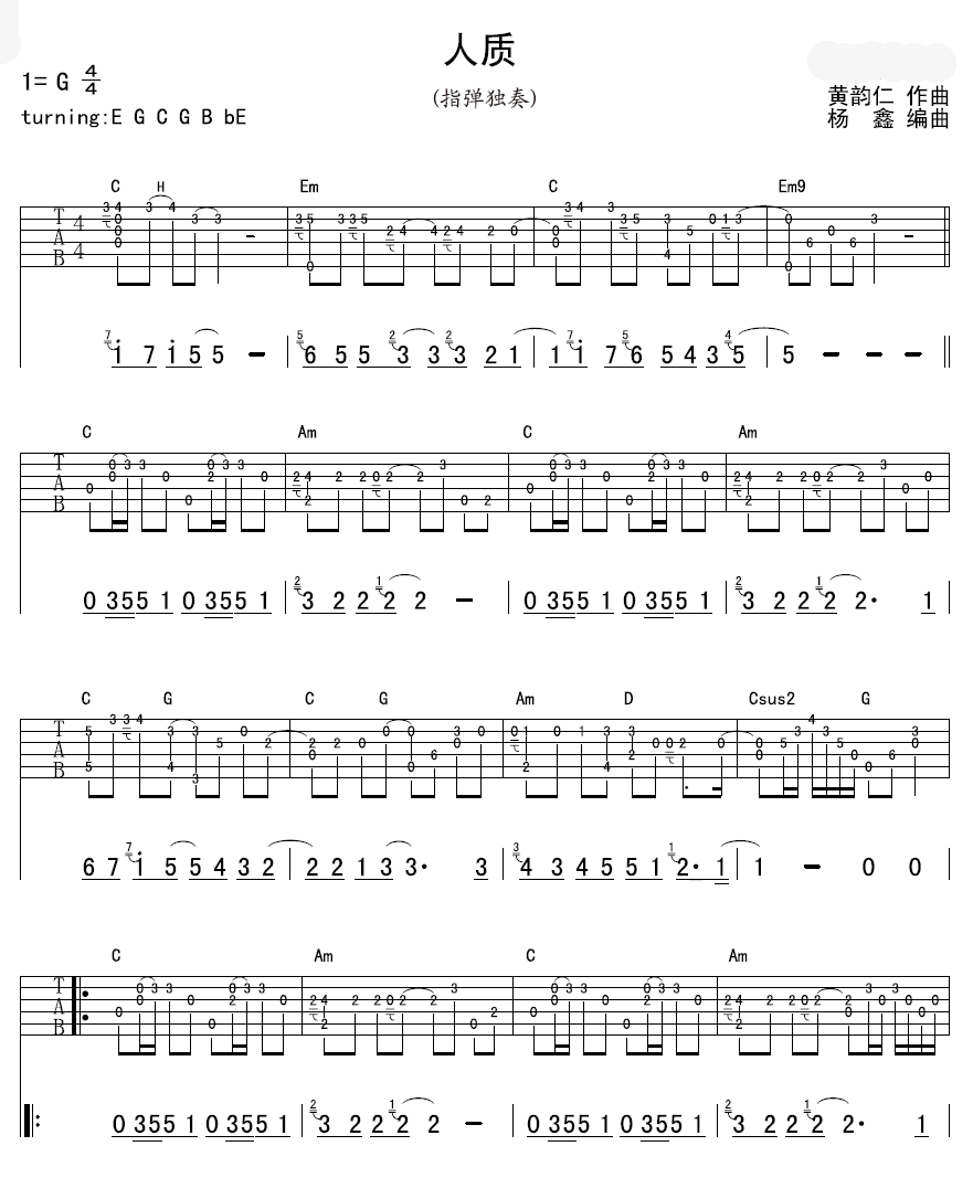 张惠妹 人质指弹独奏吉他谱-C大调音乐网