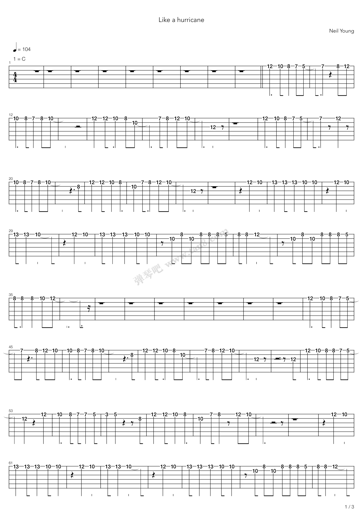 《Like A Hurricane》吉他谱-C大调音乐网