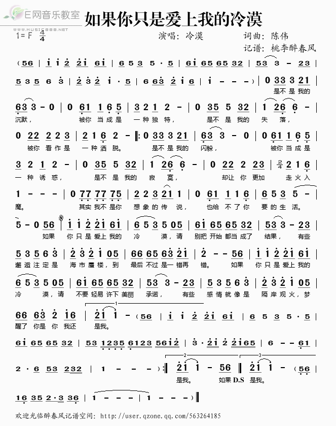 《如果你只是爱上我的冷漠——冷漠（简谱）》吉他谱-C大调音乐网