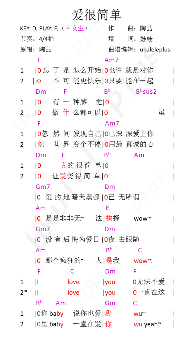 《爱很简单》- 陶喆 尤克里里弹唱谱-C大调音乐网