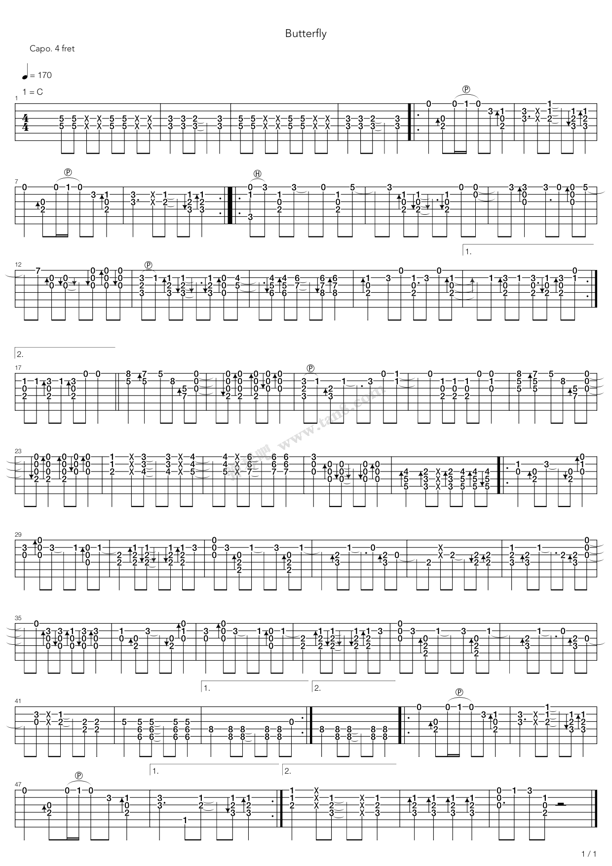 《ButterFly简单指弹谱》吉他谱-C大调音乐网