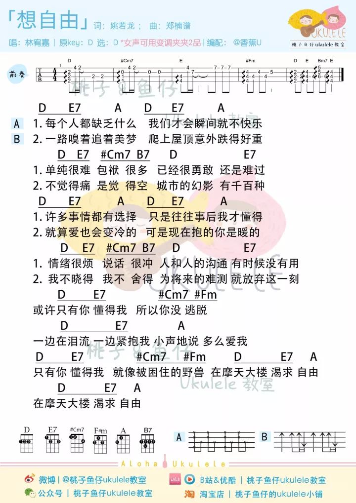 林宥嘉《想自由》尤克里里谱 – 桃子&鱼仔-C大调音乐网