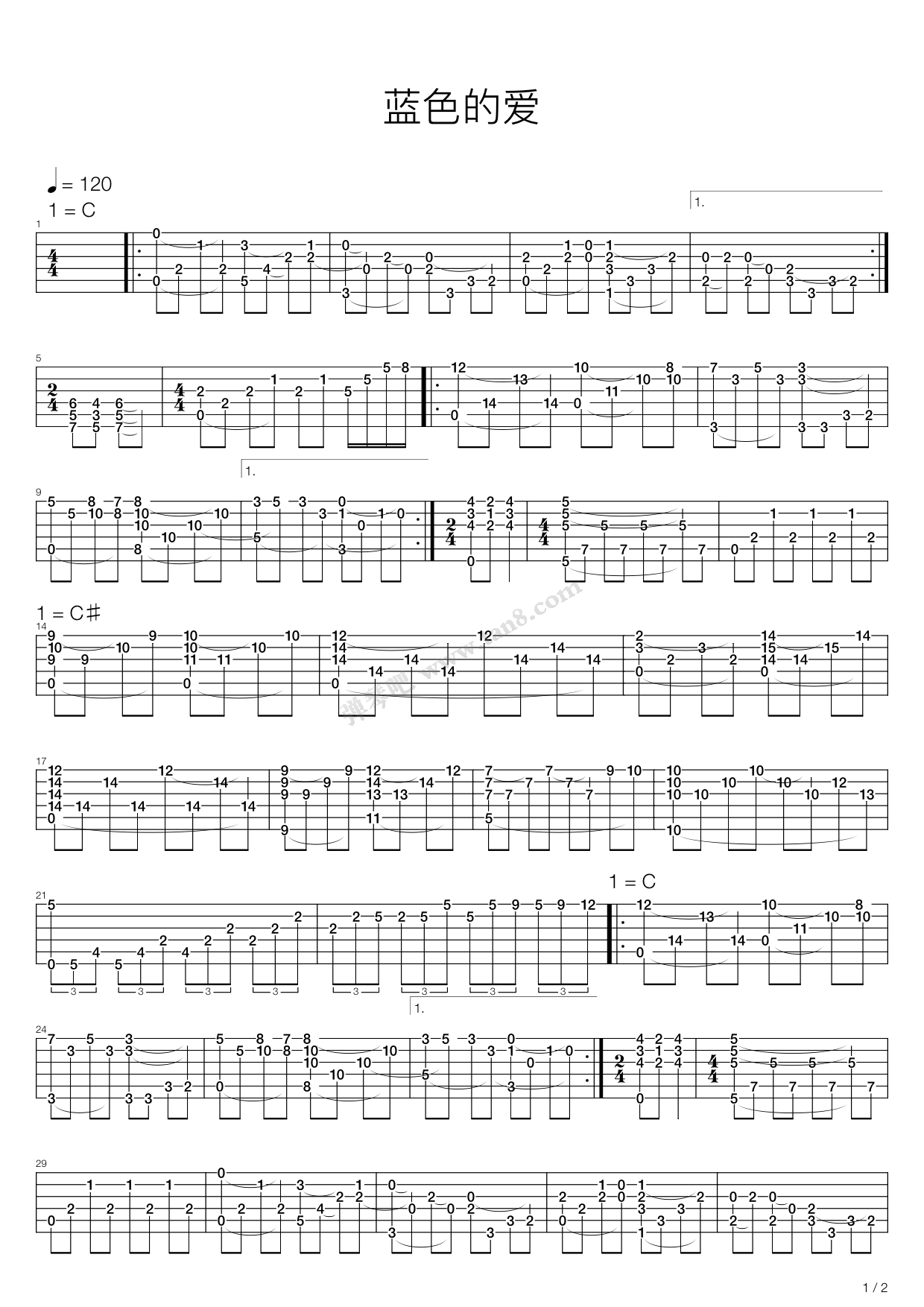 《蓝色的爱》吉他谱-C大调音乐网