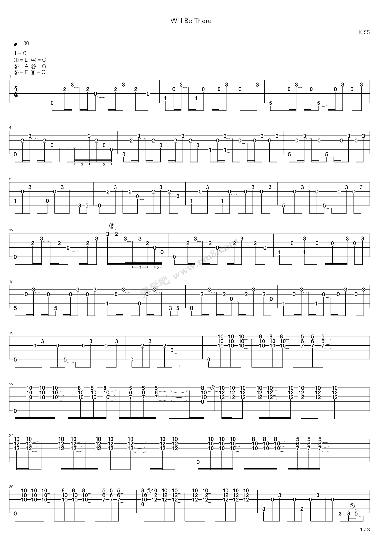 《I Will Be There》吉他谱-C大调音乐网