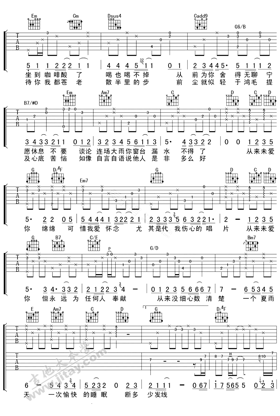 《绵绵吉他谱--陈奕迅--六线谱G调指法--绵绵弹唱谱》吉他谱-C大调音乐网