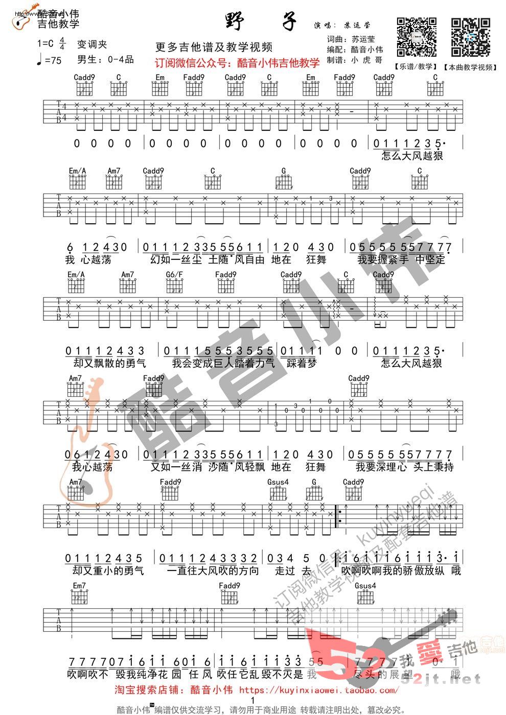 《野子 原版 吉他谱视频》吉他谱-C大调音乐网