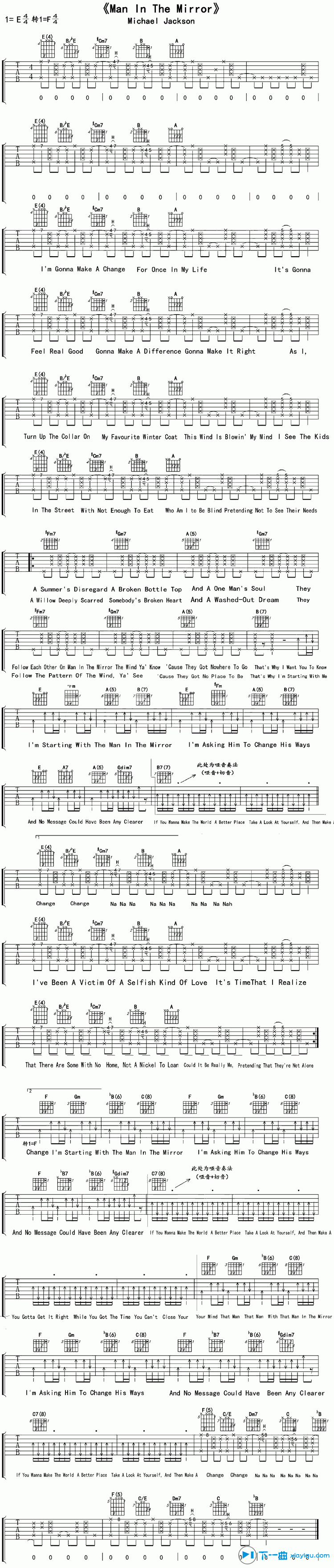 《man in the mirror吉他谱E调（六线谱）_jackson》吉他谱-C大调音乐网
