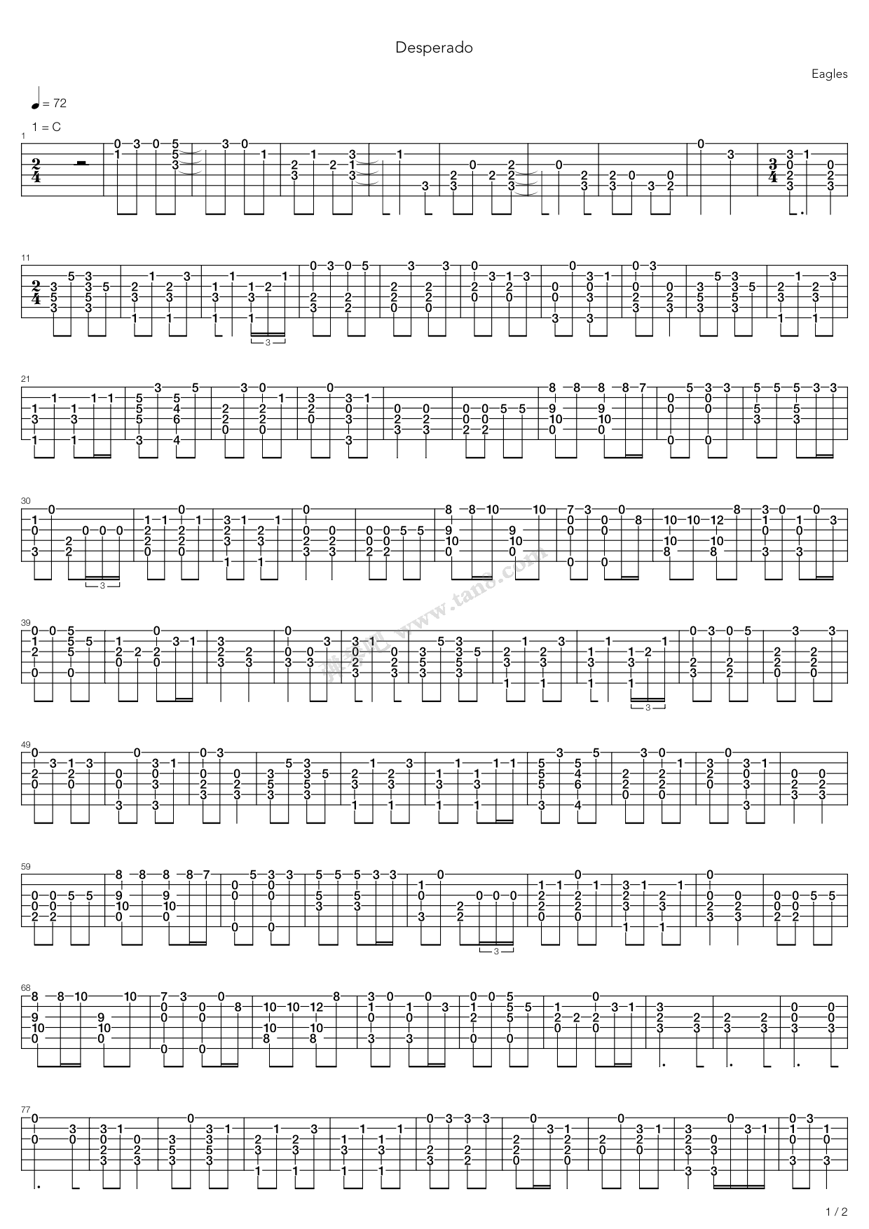 《Desperado》吉他谱-C大调音乐网