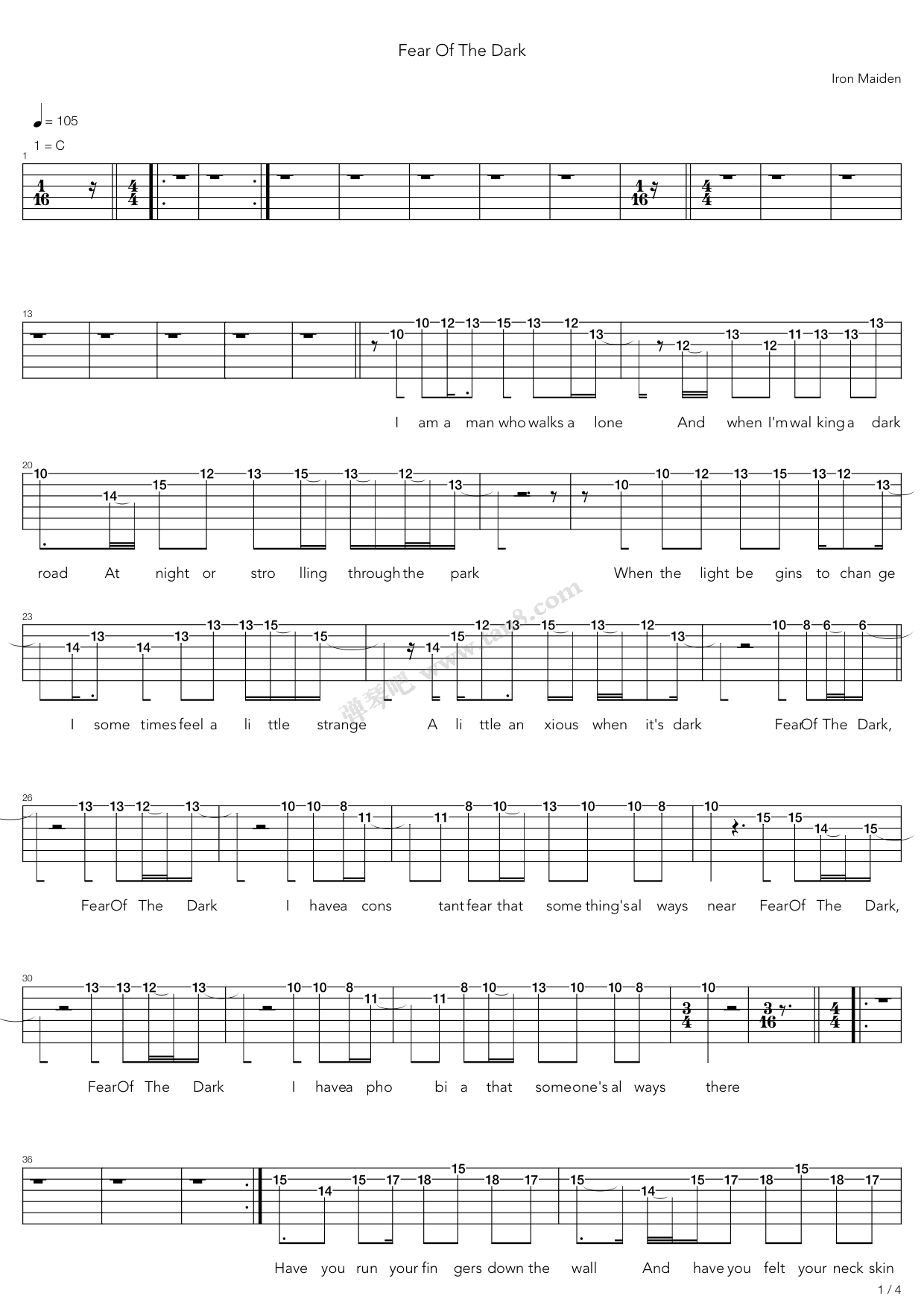《Fear Of The Dark》吉他谱-C大调音乐网