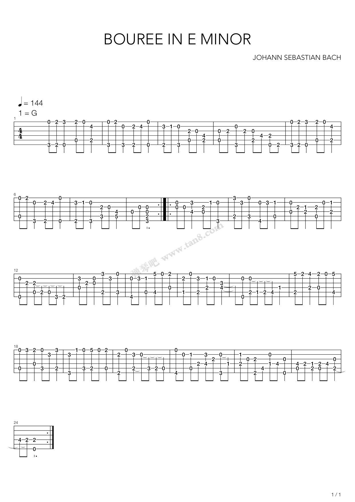 《Bourree In E Minor》吉他谱-C大调音乐网