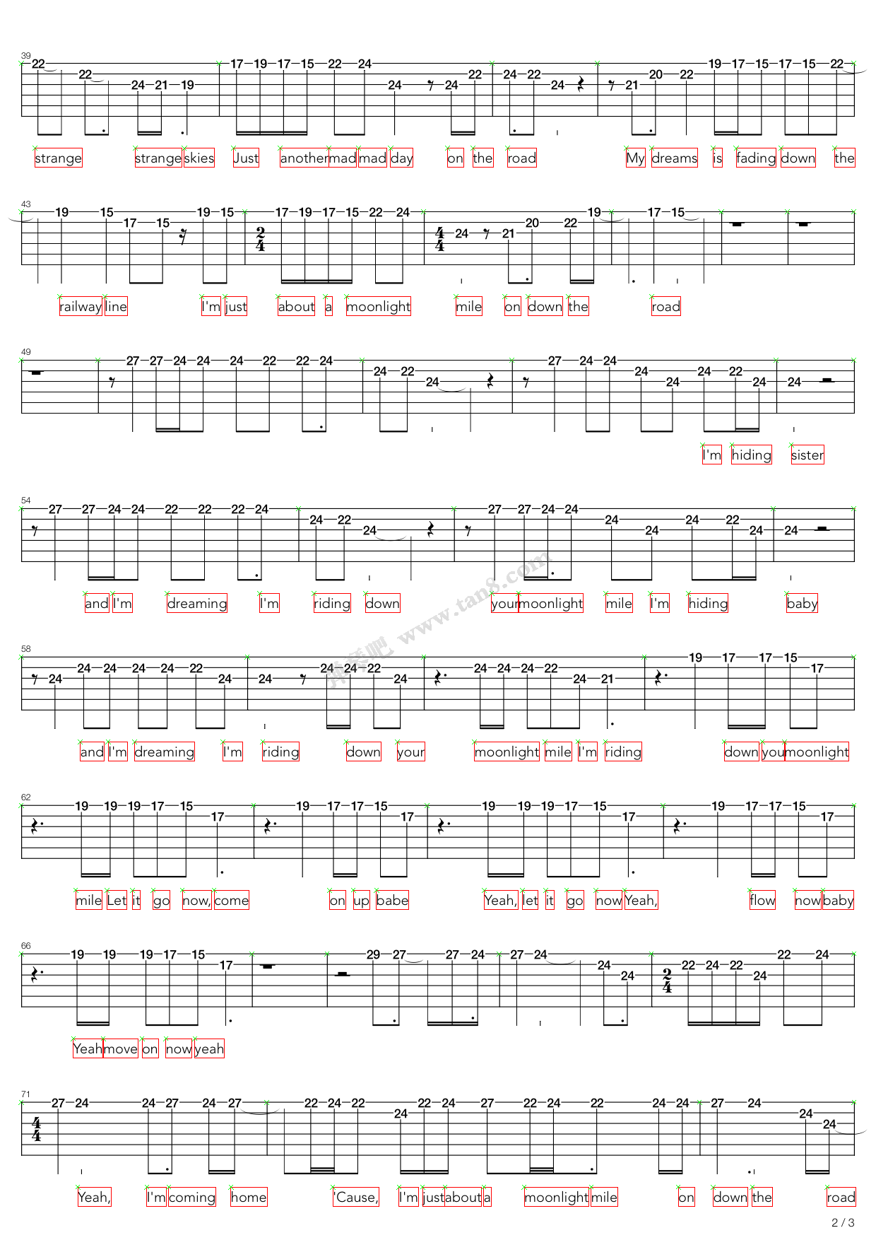 《Moonlight Mile》吉他谱-C大调音乐网