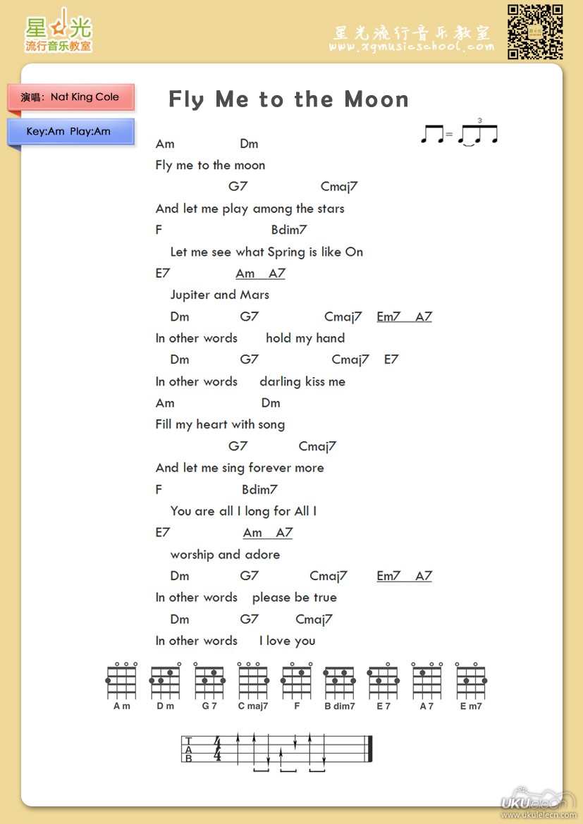 Fly me to the moon 尤克里里谱-C大调音乐网