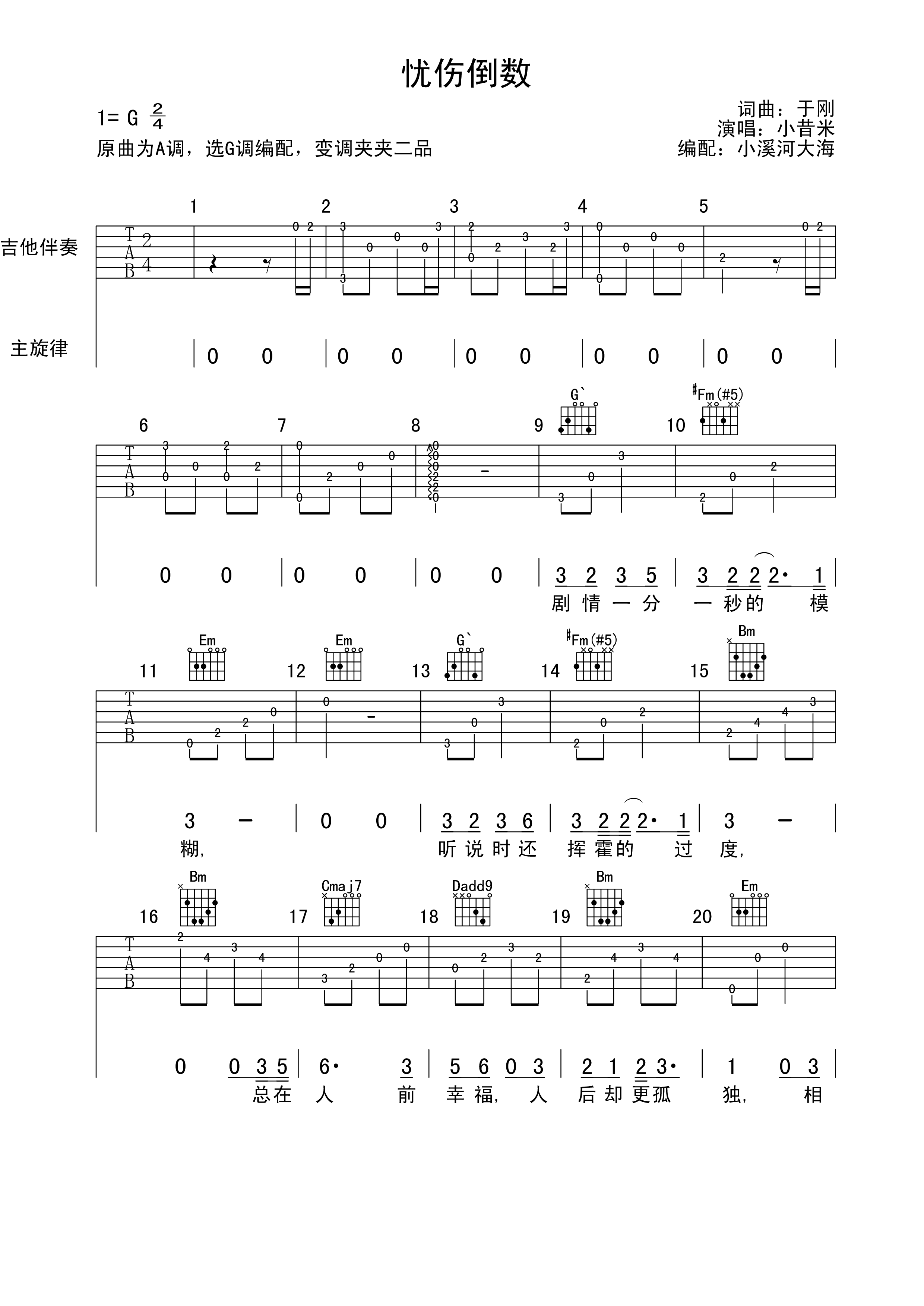 小昔米 忧伤倒数吉他谱-C大调音乐网