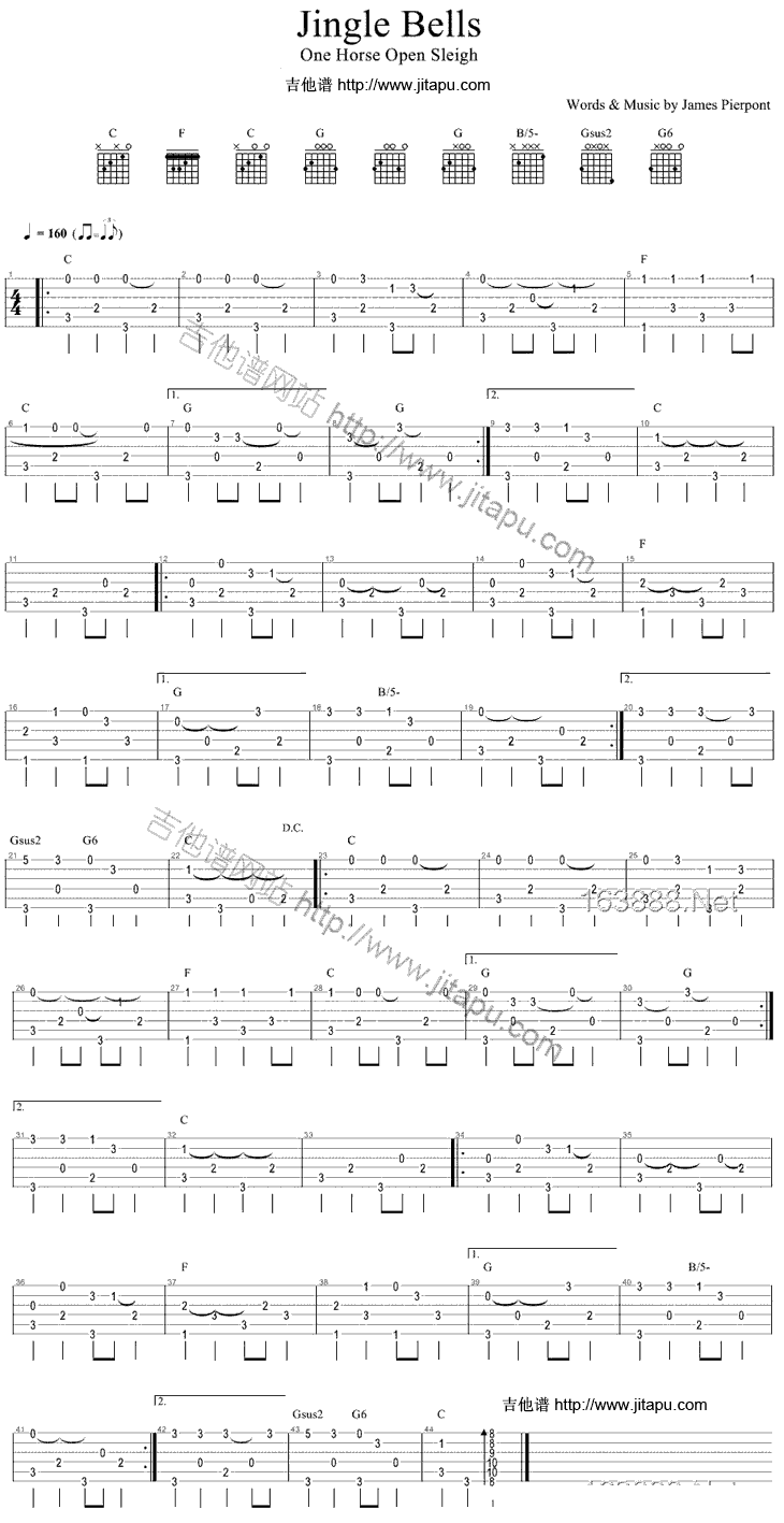 《Jingle Bells吉他谱--独奏曲》吉他谱-C大调音乐网