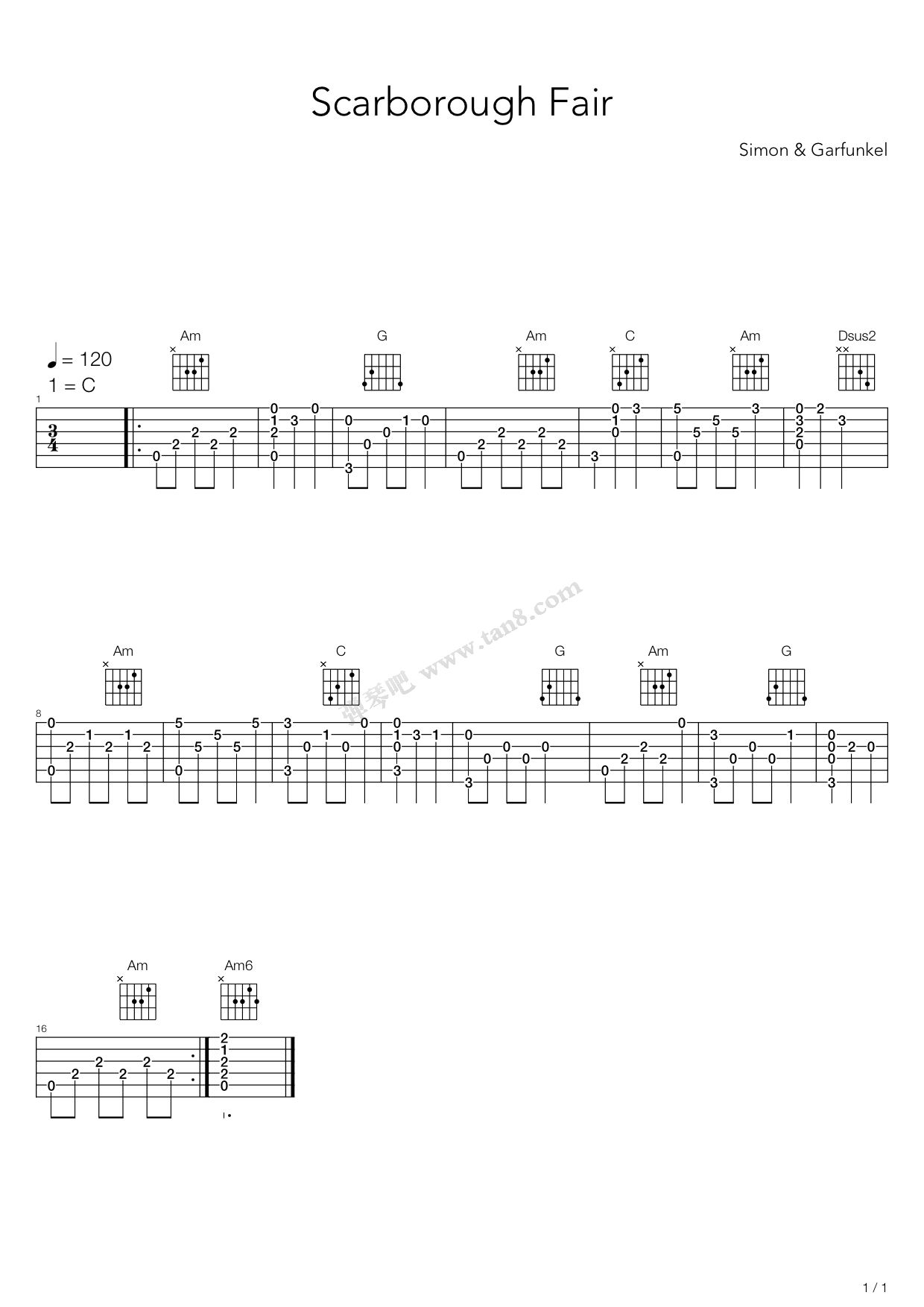 《Scarborough Fair(斯卡保罗集市)》吉他谱-C大调音乐网