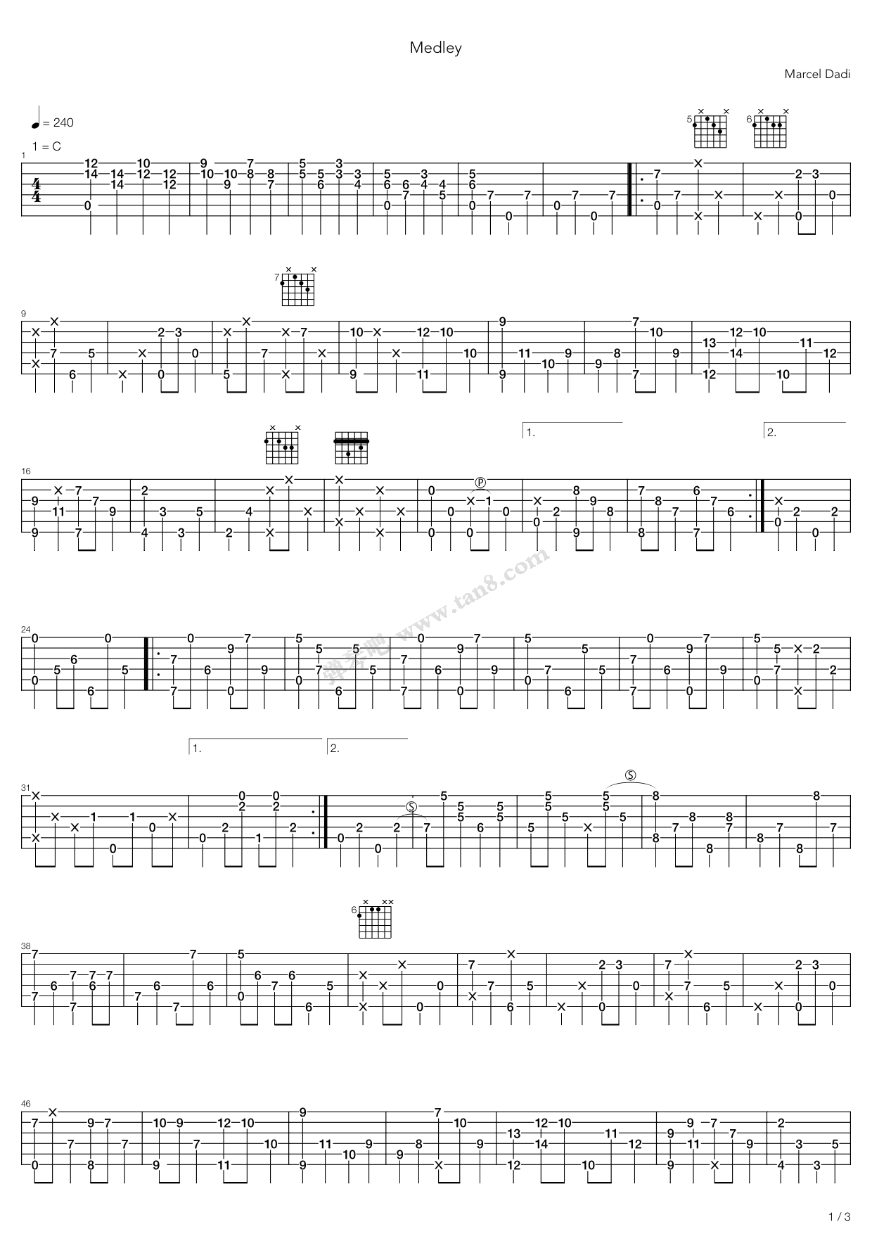 《Medley Cheek To Cheek Three Little Words April In 》吉他谱-C大调音乐网