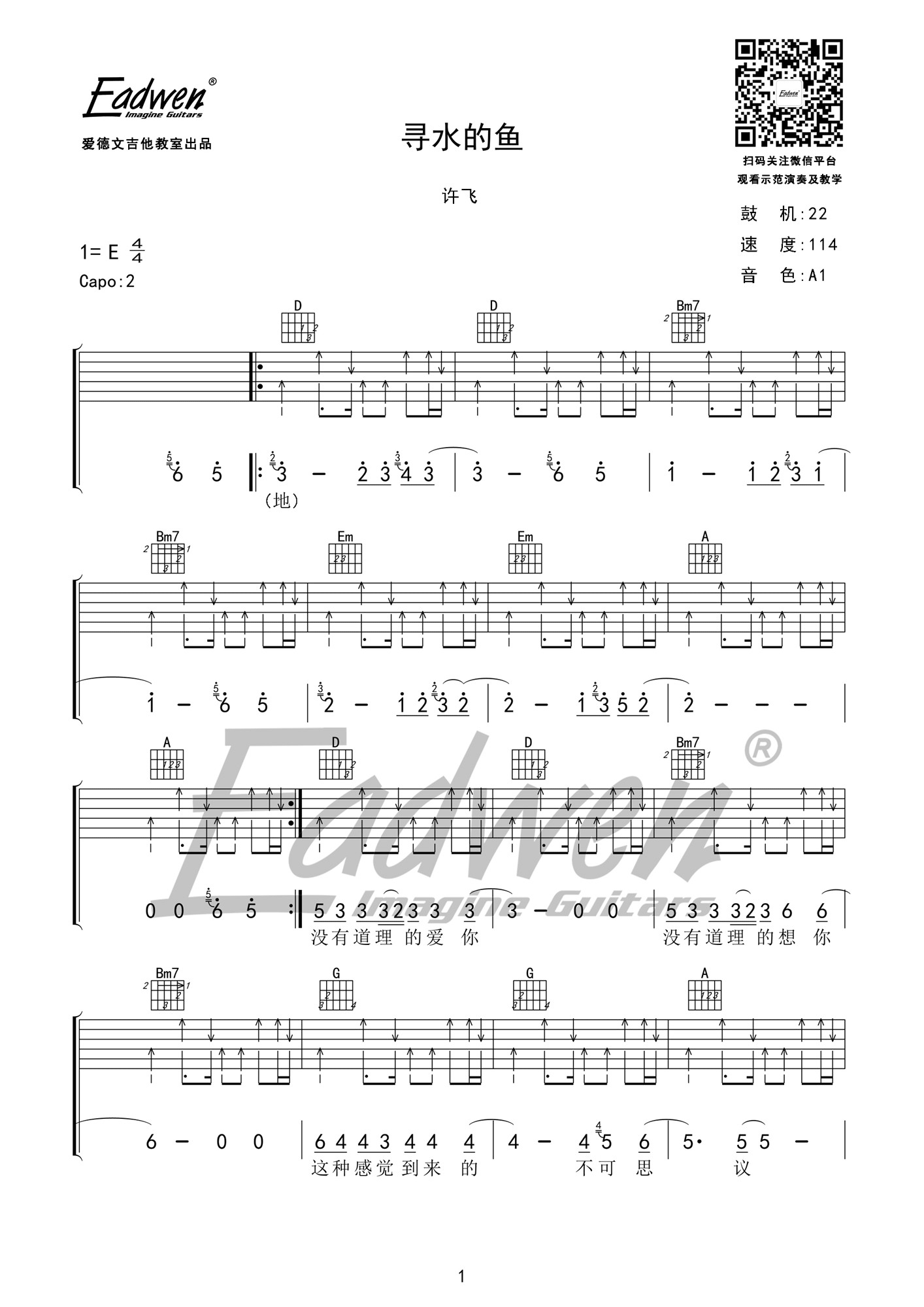 寻水的鱼吉他谱 许飞 D调高清谱老姚改编-C大调音乐网