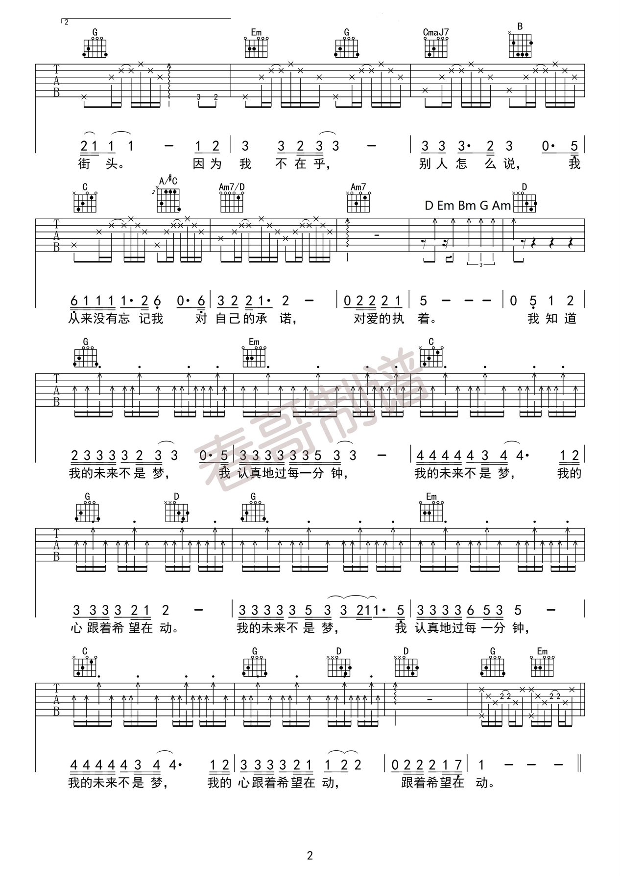 我的未来不是梦吉他谱 张雨生 G调高清版弹唱谱-C大调音乐网