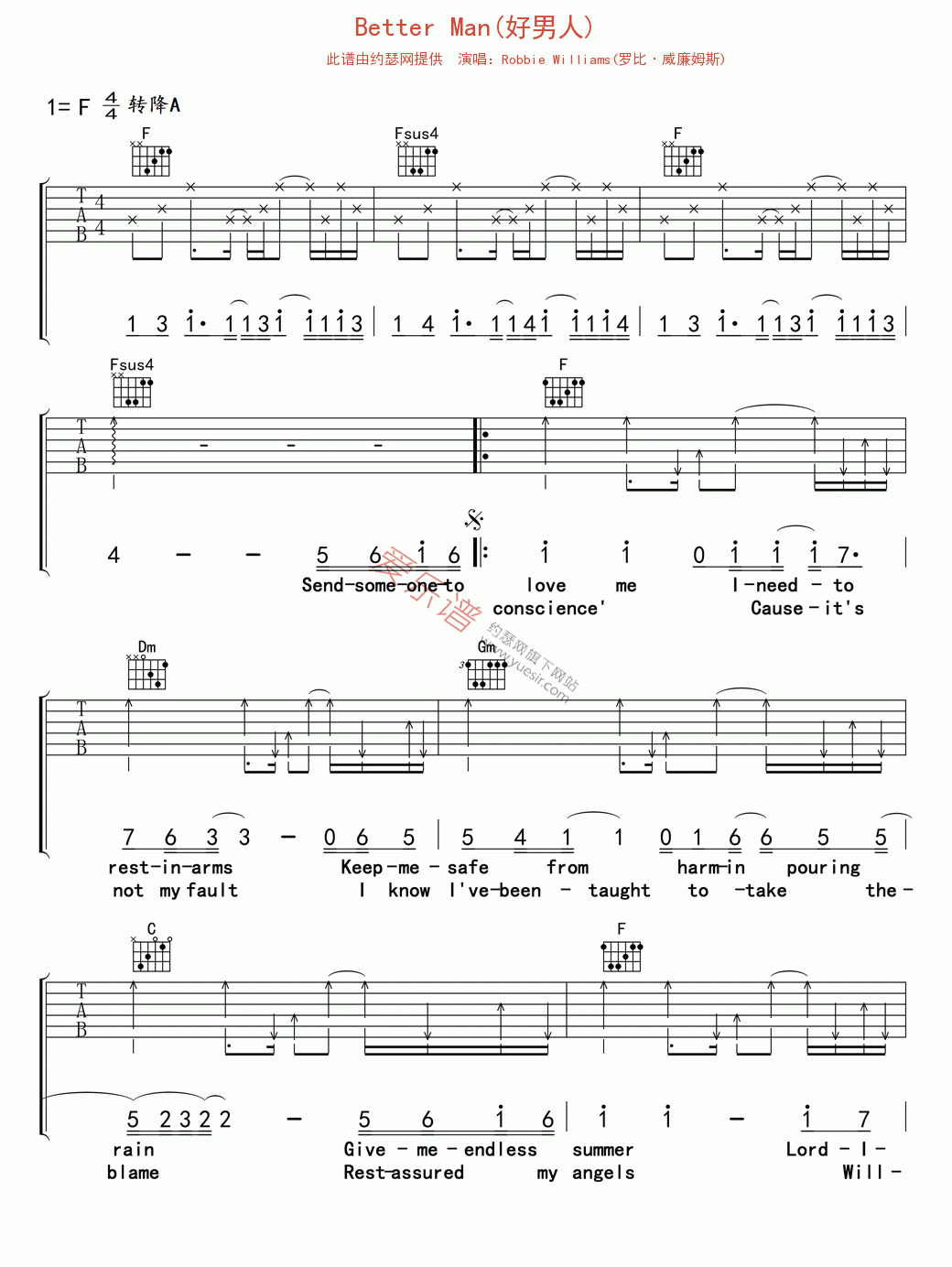 《Robbie Williams(罗比·威廉姆斯)《Better Man(好男人)》》吉他谱-C大调音乐网