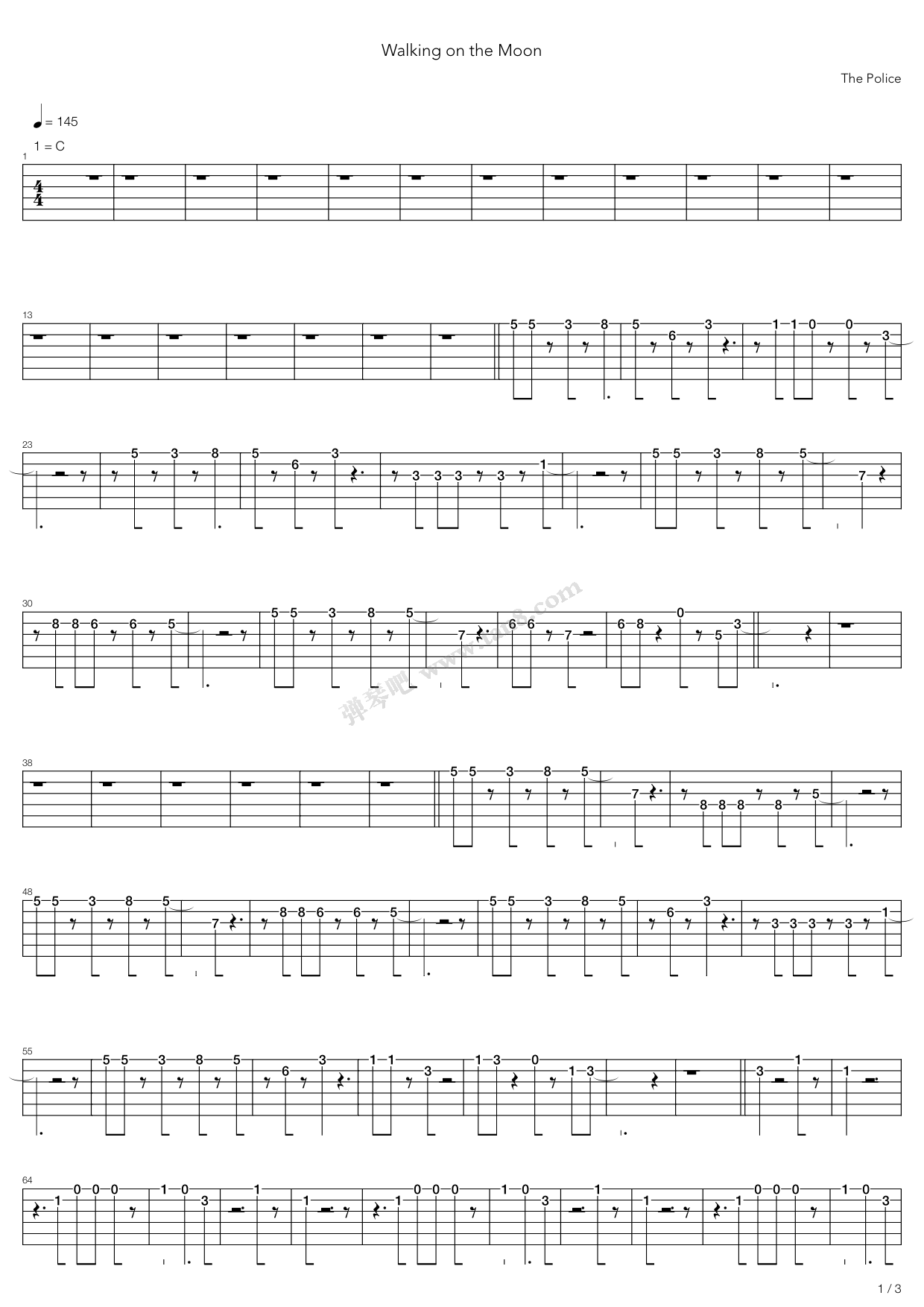 《Walking On The Moon》吉他谱-C大调音乐网