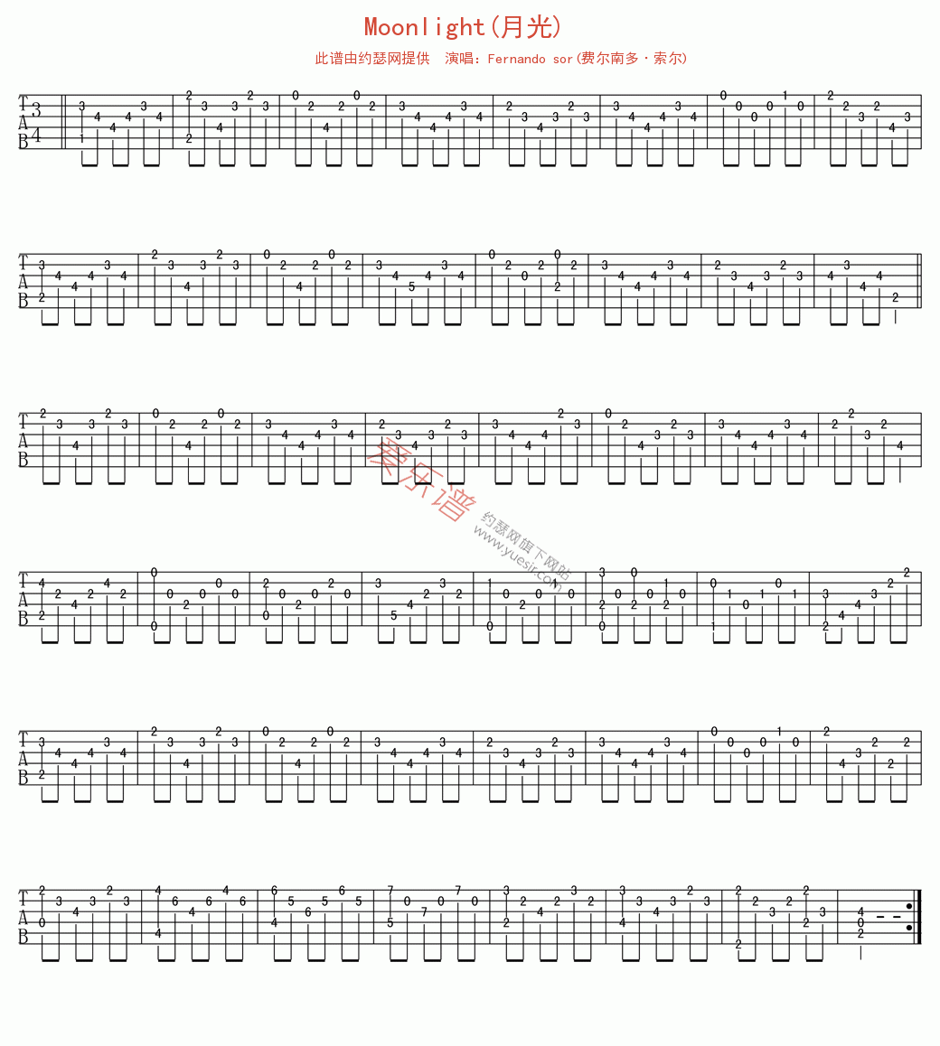 《费尔南多·索尔《Moonlight(月光)》》吉他谱-C大调音乐网