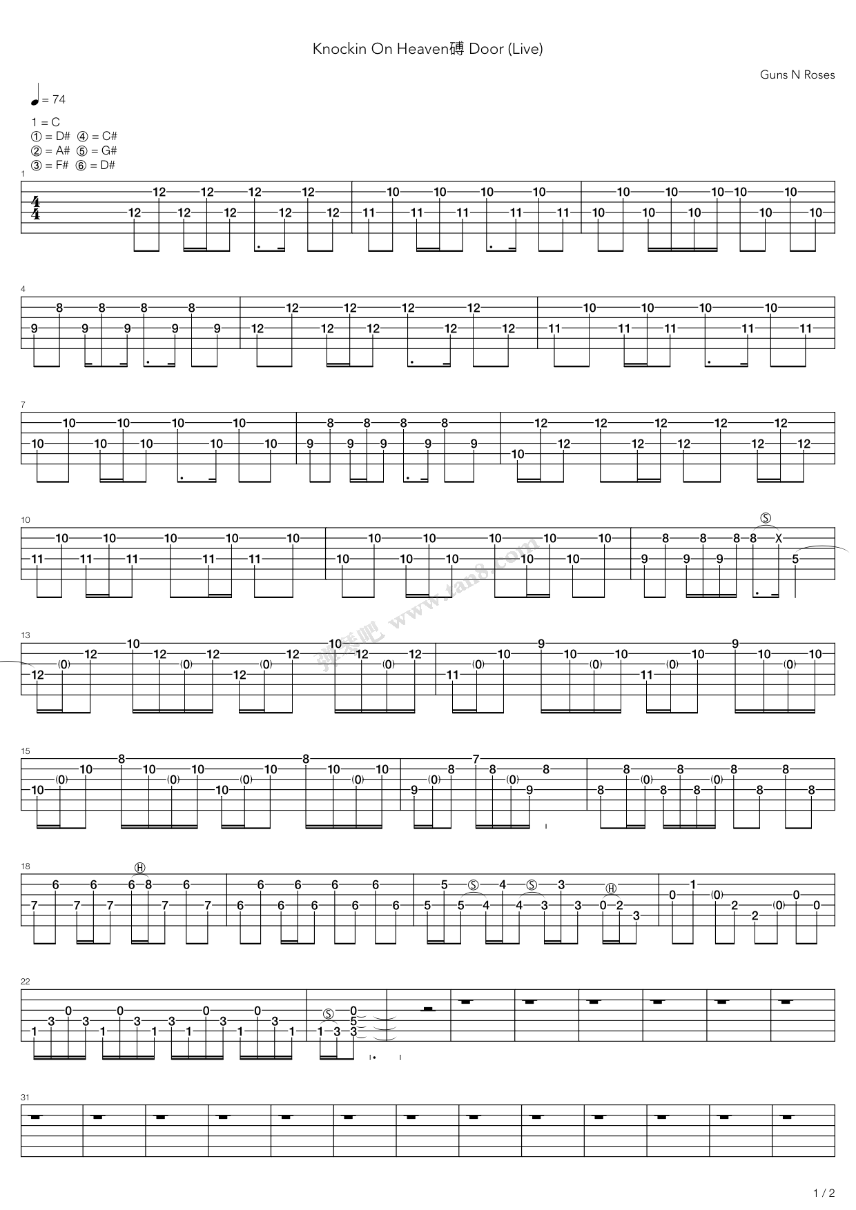 《Knockin On Heavens Door》吉他谱-C大调音乐网