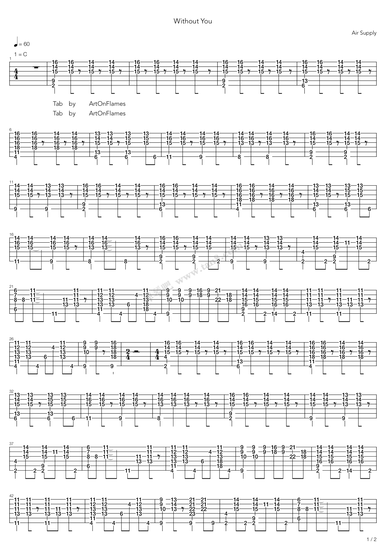 《Without You》吉他谱-C大调音乐网