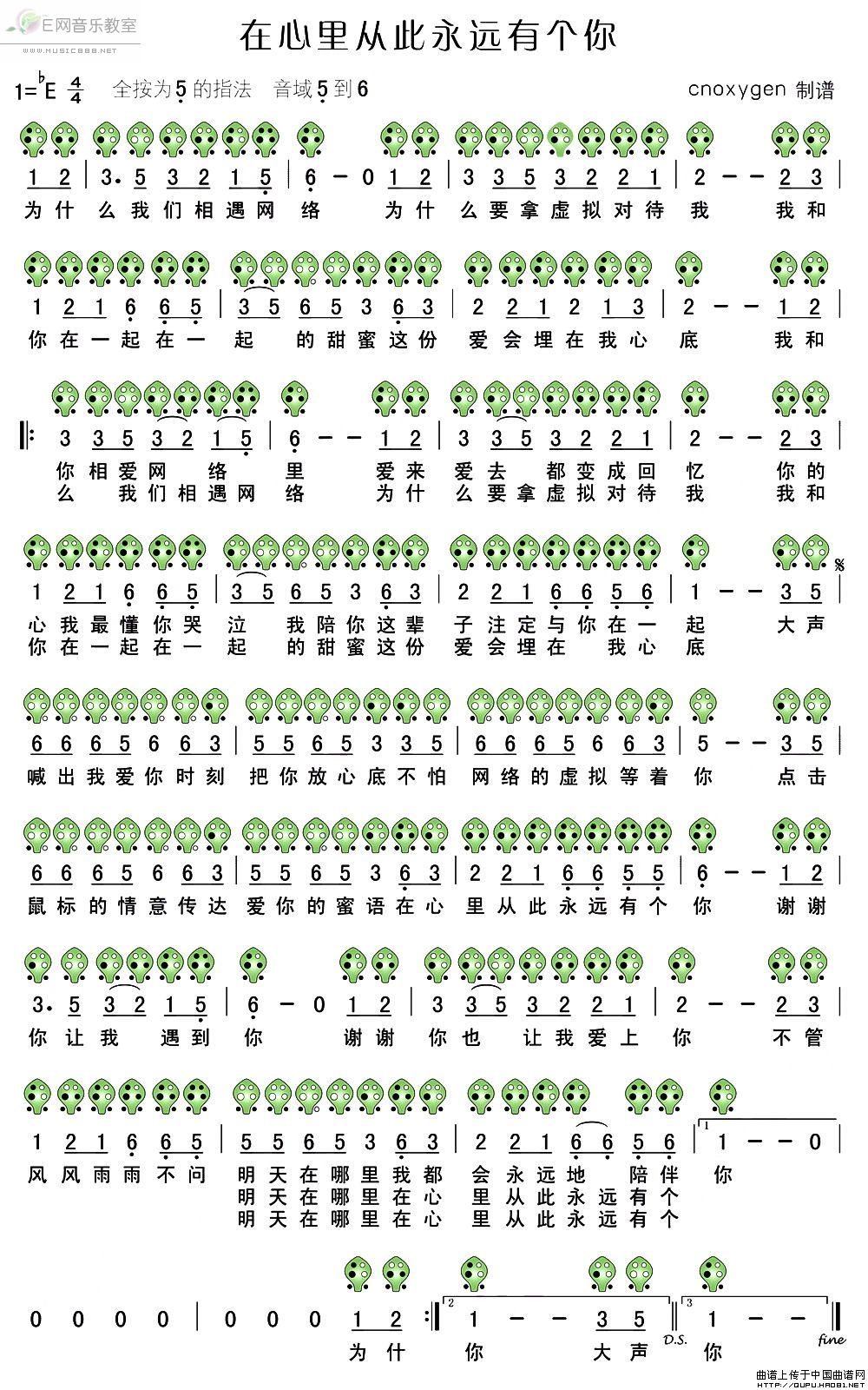 《在心里从此永远有个你-陶笛曲谱(简谱)》吉他谱-C大调音乐网