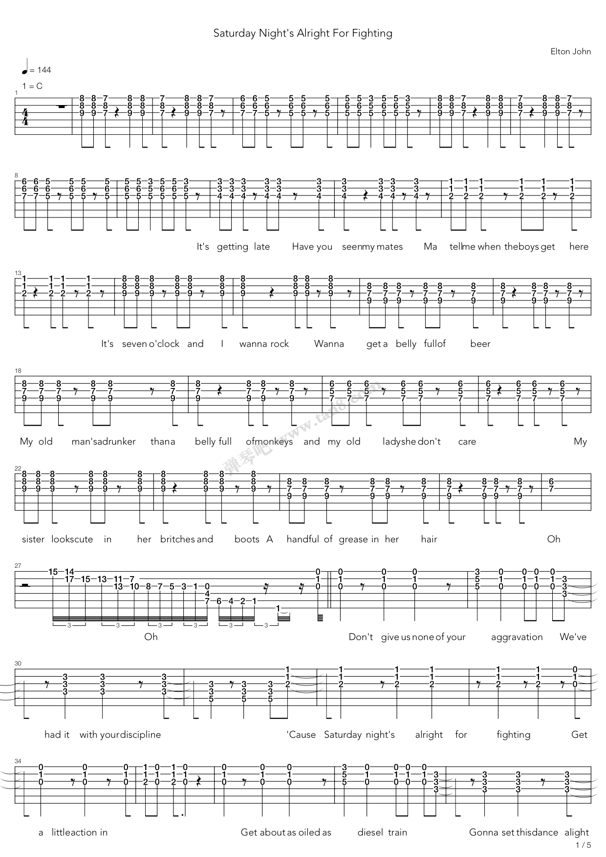《Saturday Nights Alright For Fighting》吉他谱-C大调音乐网