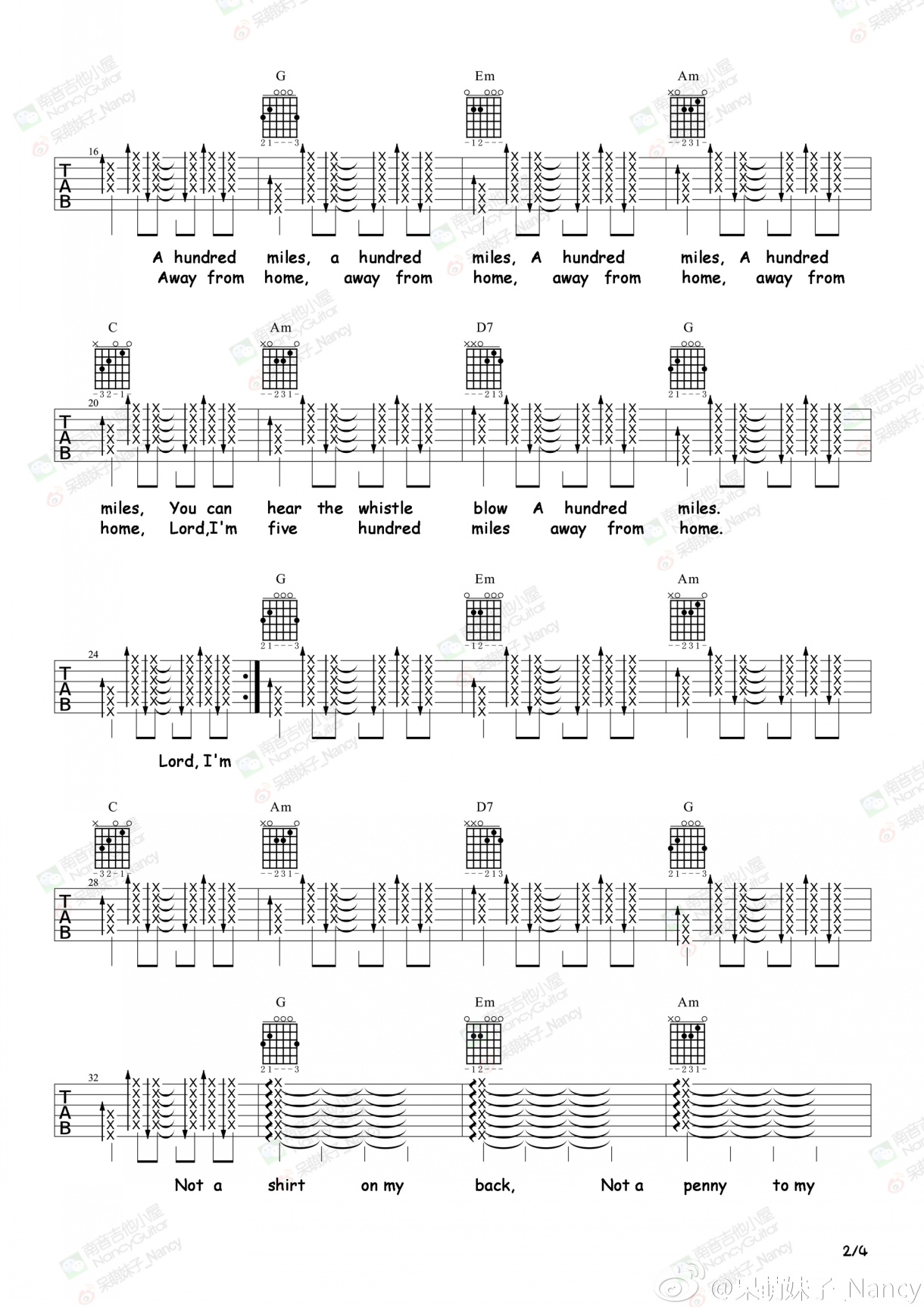 《《Five Hundred Miles》吉他谱附弹唱教学Nancy cover》吉他谱-C大调音乐网