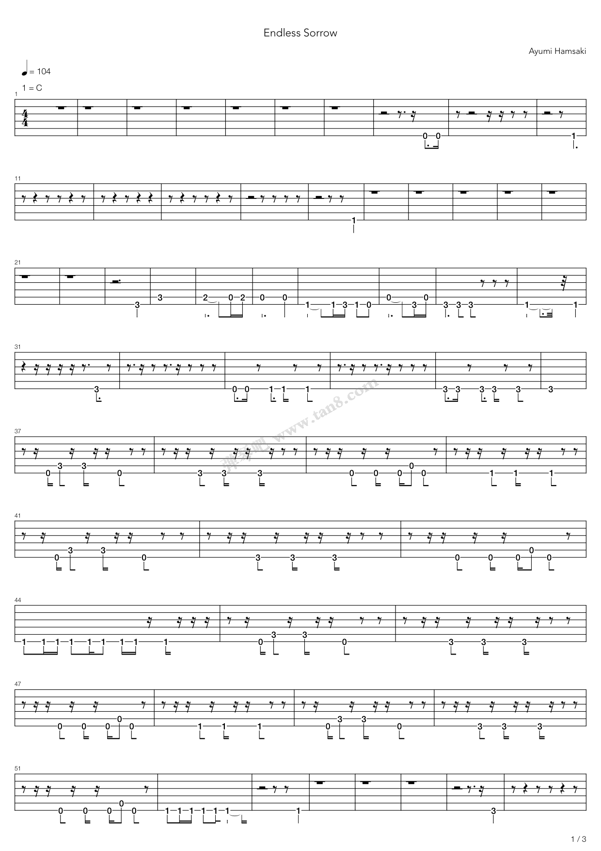 《Endless Sorrow》吉他谱-C大调音乐网