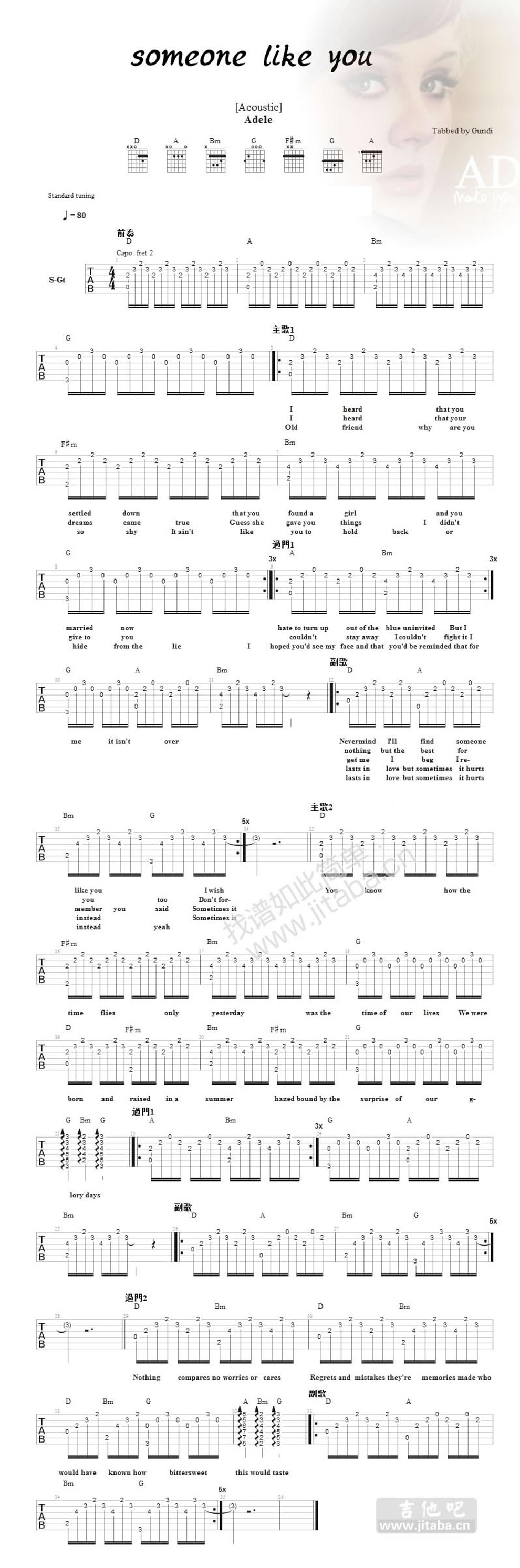 《someone like you-弹唱 阿黛尔》吉他谱-C大调音乐网
