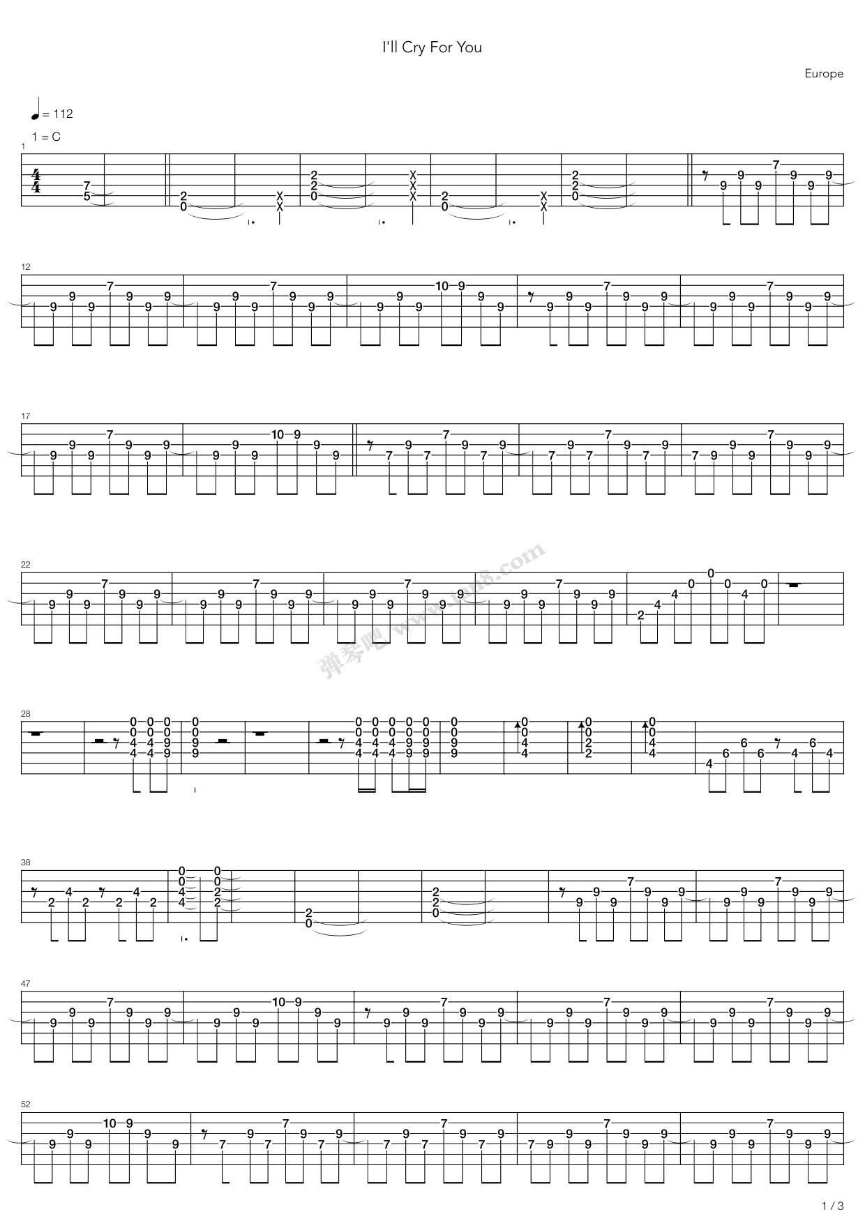 《Ill Cry For You》吉他谱-C大调音乐网