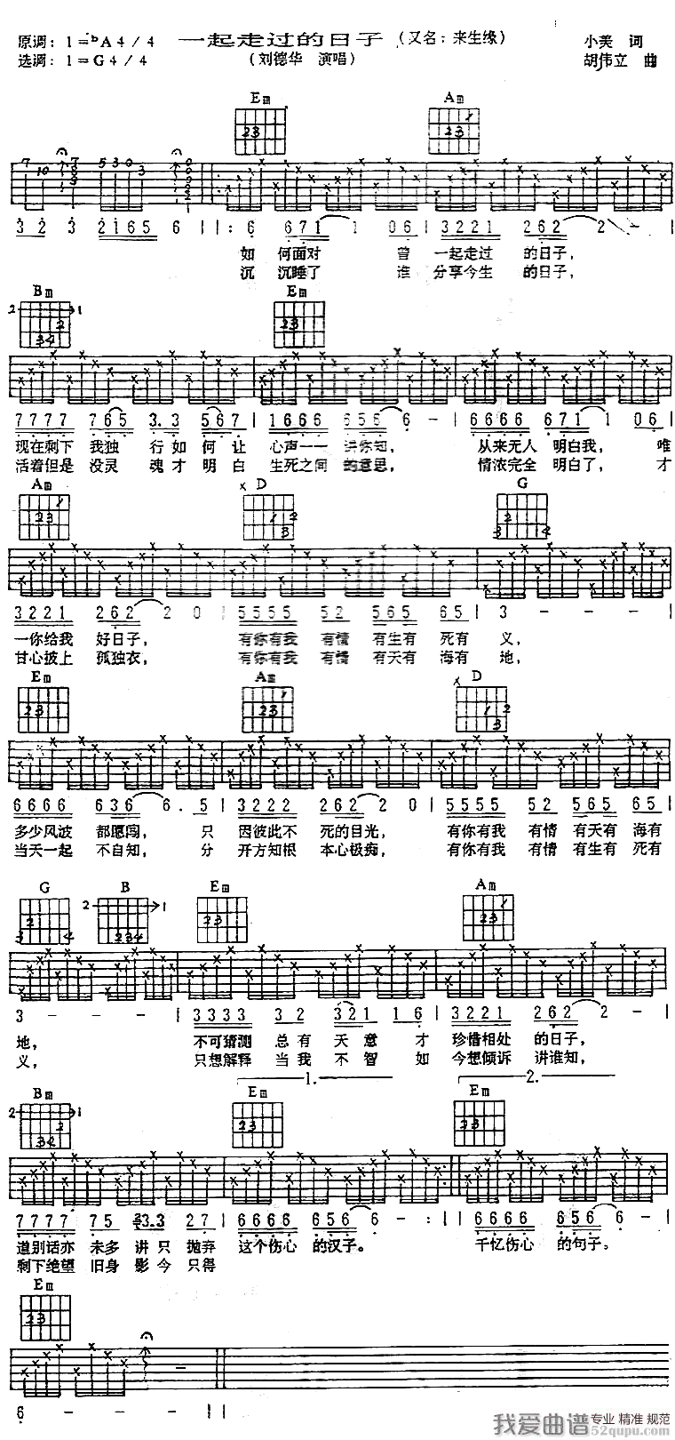 《刘德华 - 一起走过的日子（小美词 胡伟立曲）吉他乐谱》吉他谱-C大调音乐网