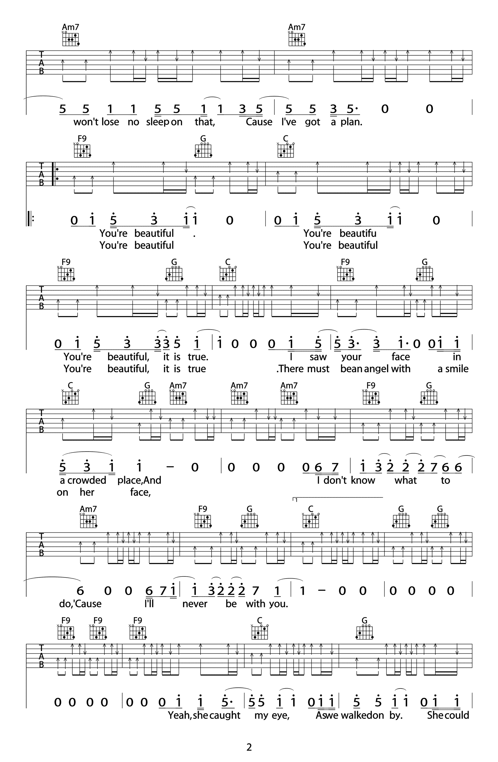 You Are Beautiful吉他谱_C调弹唱六线谱_James Blunt-C大调音乐网