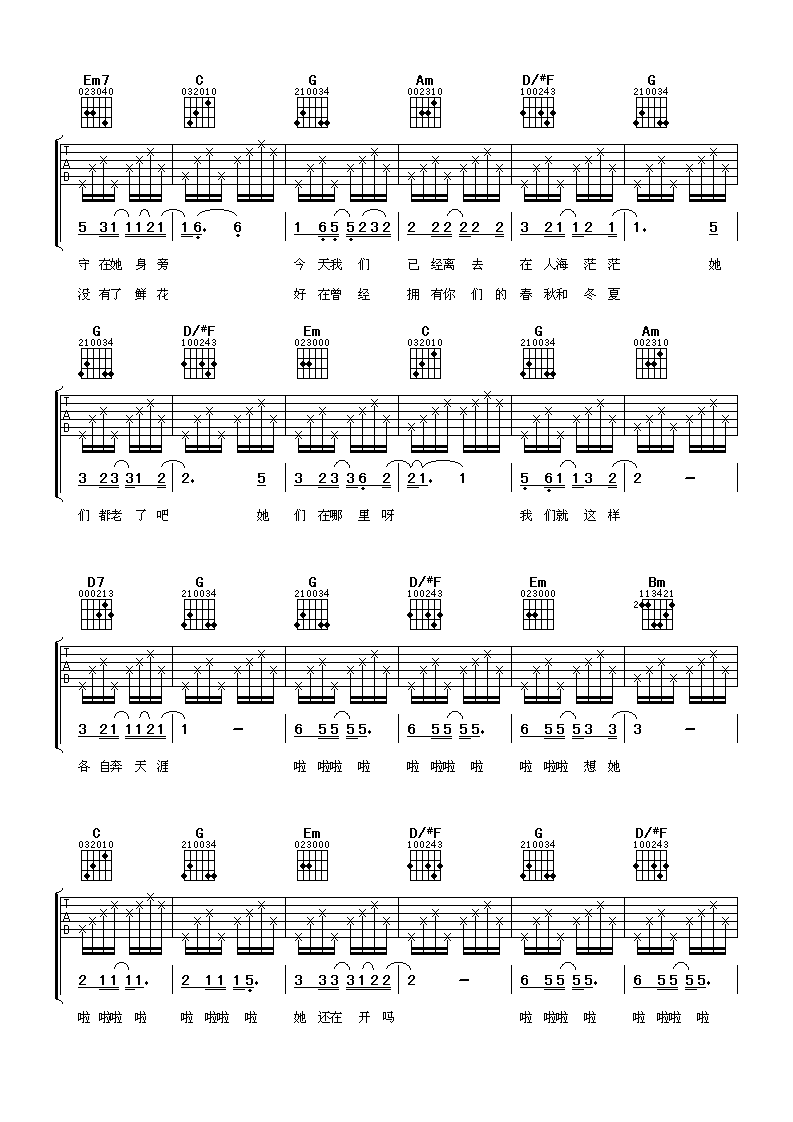 朴树 那些花儿吉他谱 G调谱天下版-C大调音乐网