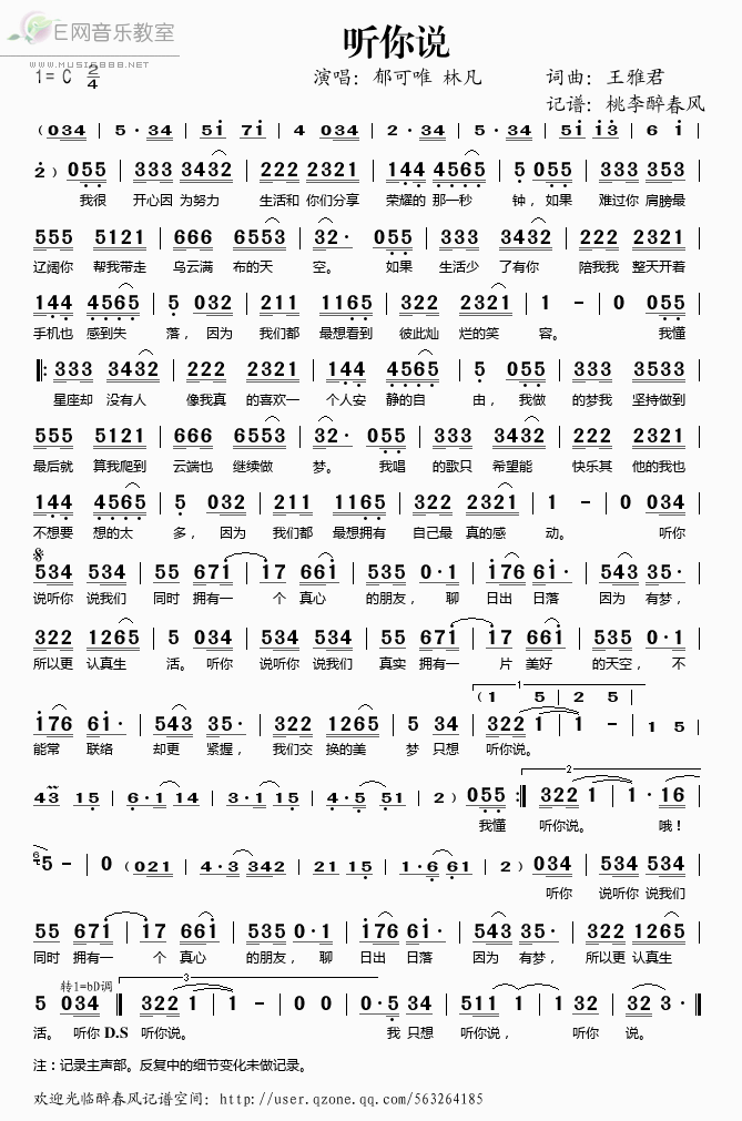 《听你说——郁可唯 林凡（简谱）》吉他谱-C大调音乐网