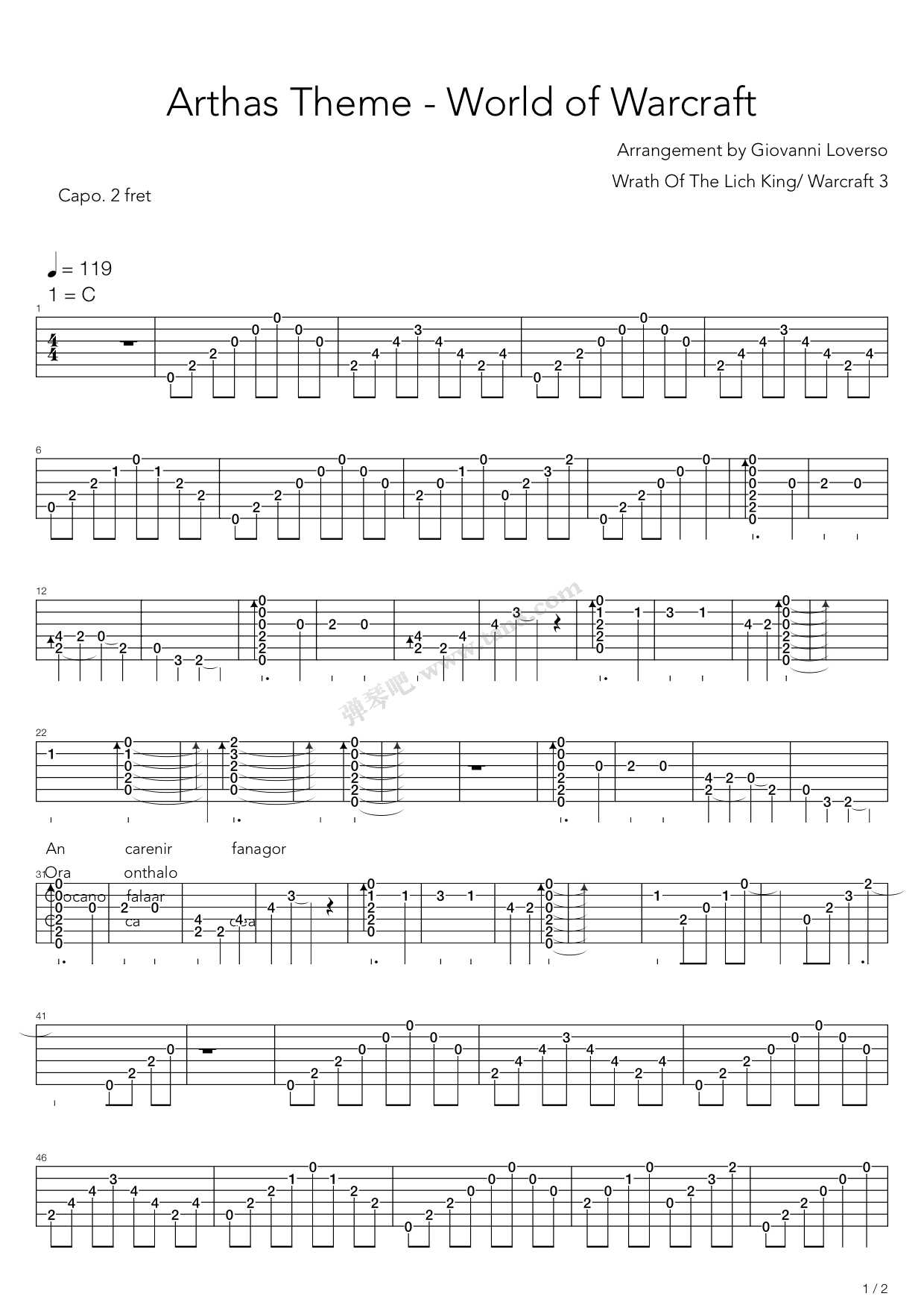 《World of Warcraft(魔兽世界) - Arthas' Theme》吉他谱-C大调音乐网