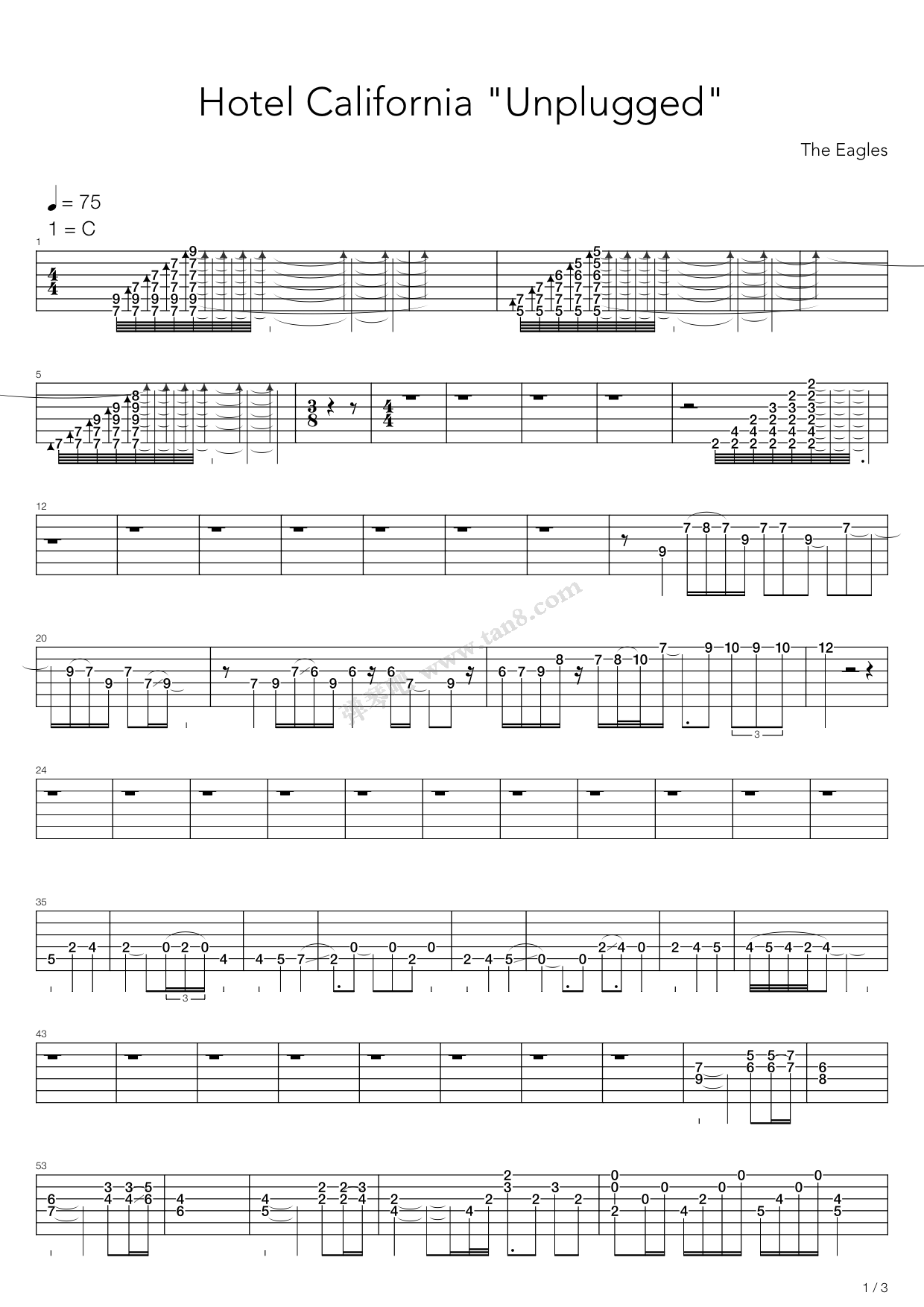 《Hotel California (加州旅馆)》吉他谱-C大调音乐网