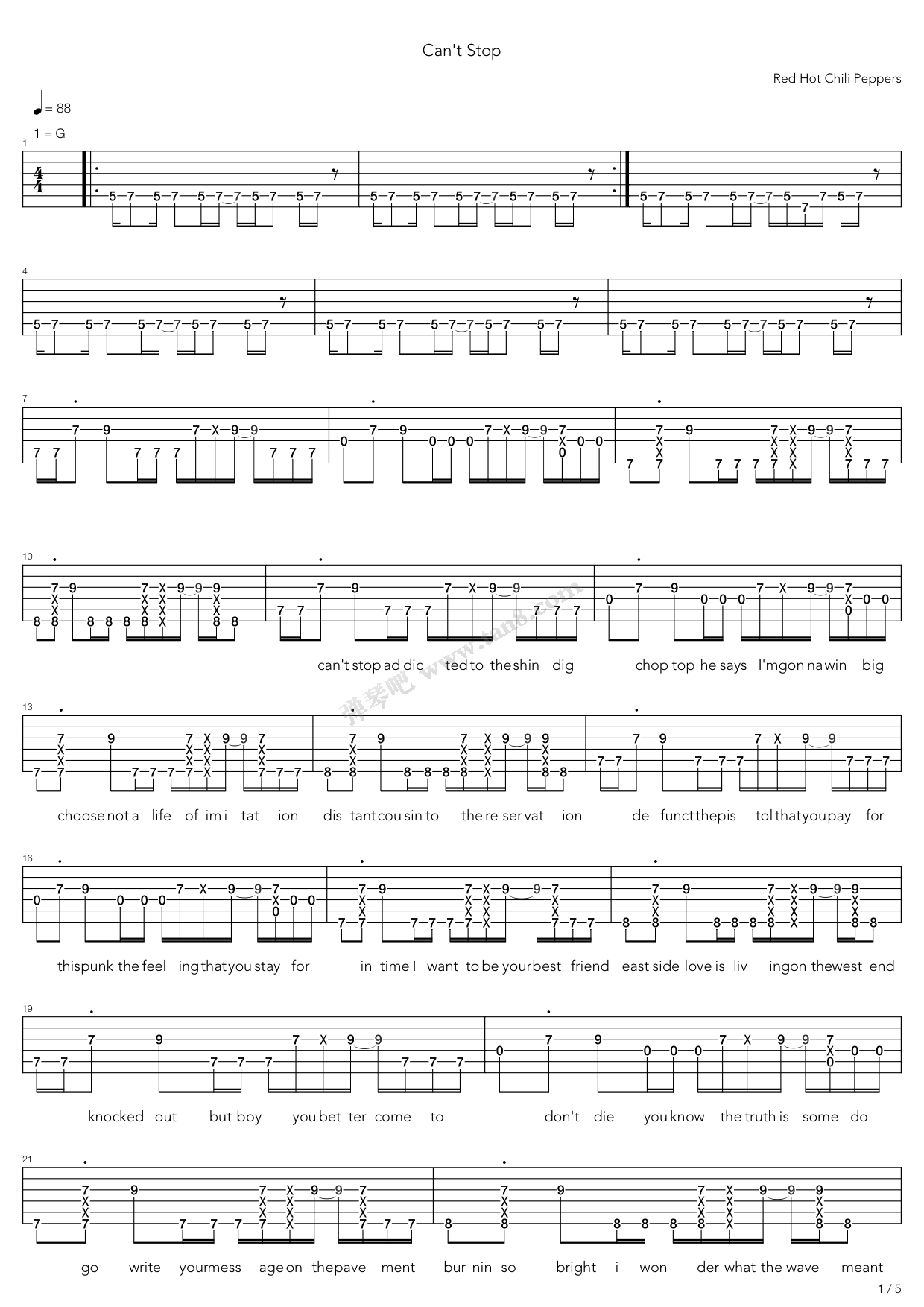 《Cant Stop》吉他谱-C大调音乐网