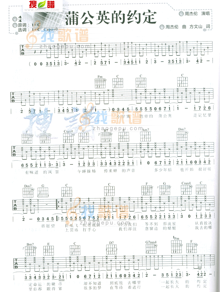《蒲公英的约定》吉他谱-C大调音乐网